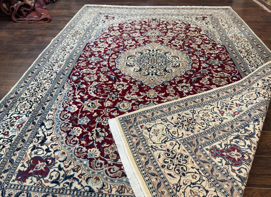 Persian Nain Rug 8x11, Wool and Silk Highlights, Burgundy & Ivory