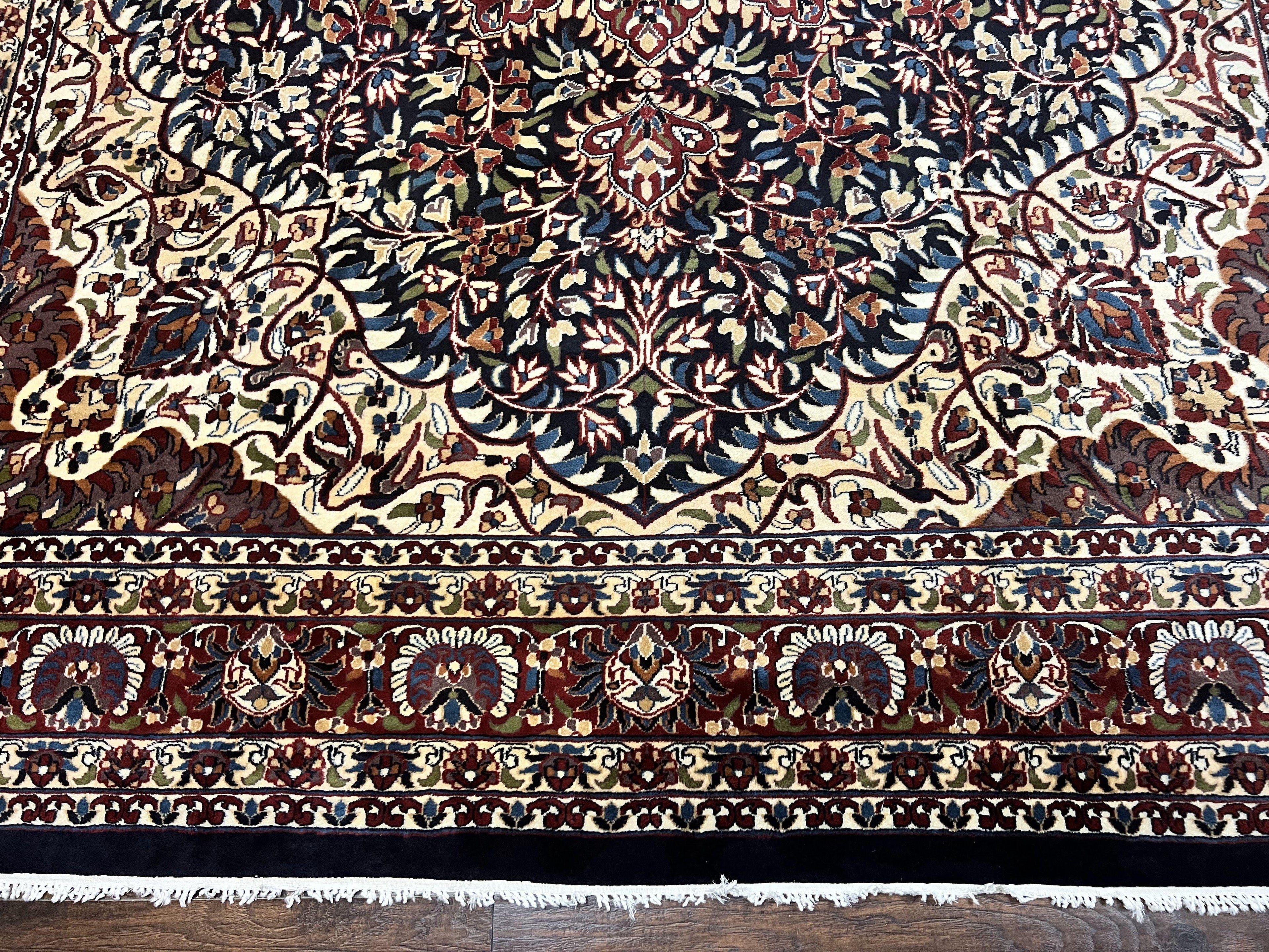 Indo Persian Rug 9x13, Floral Medallion, Midnight Blue & Burgundy, Hand Knotted Vintage Room Sized Traditional Wool Oriental Carpet