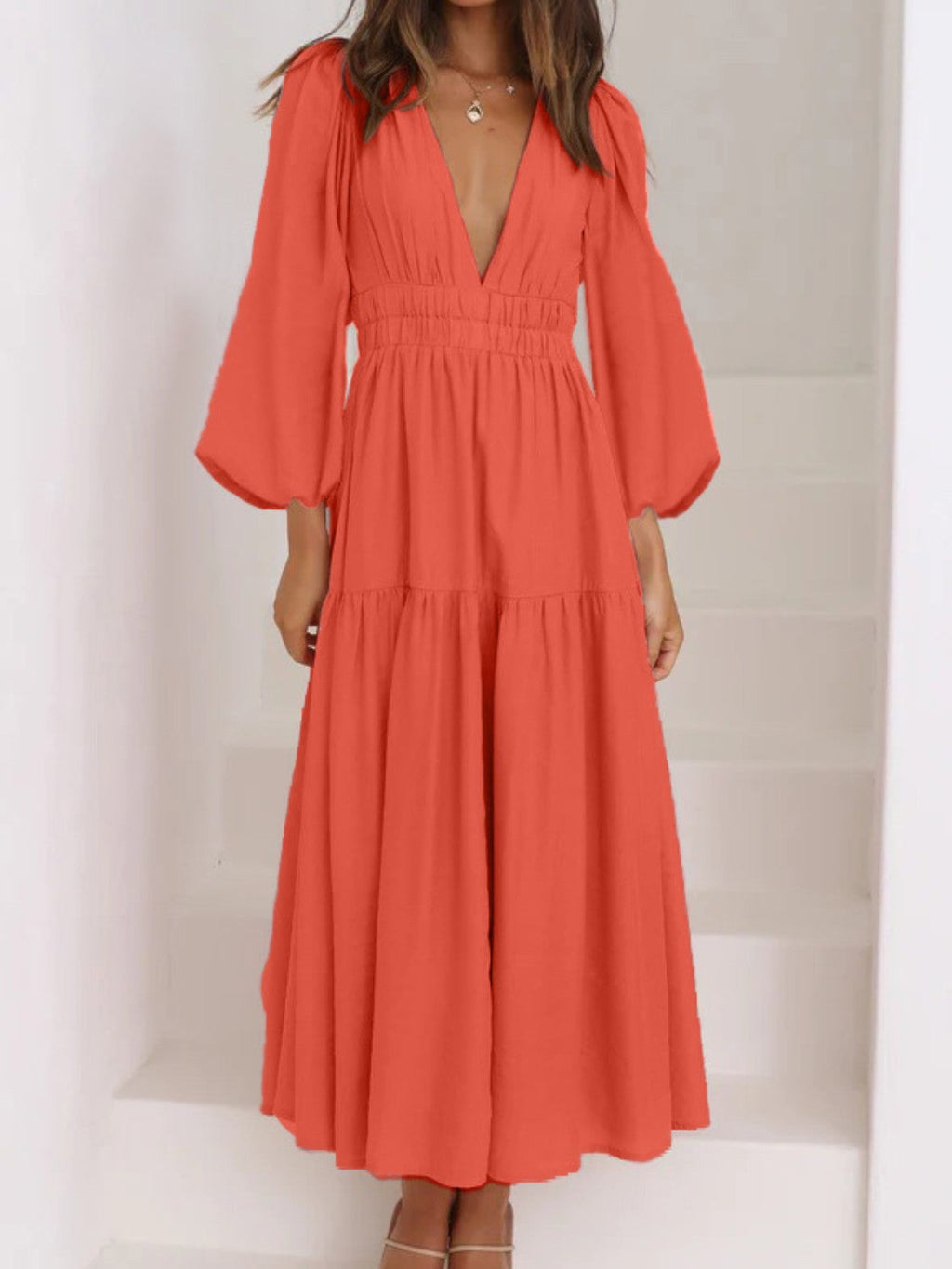 Lightweight Deep V-Neck Balloon Sleeve Maxi Dress Elegant & Flowing Silhouette Unique Dress