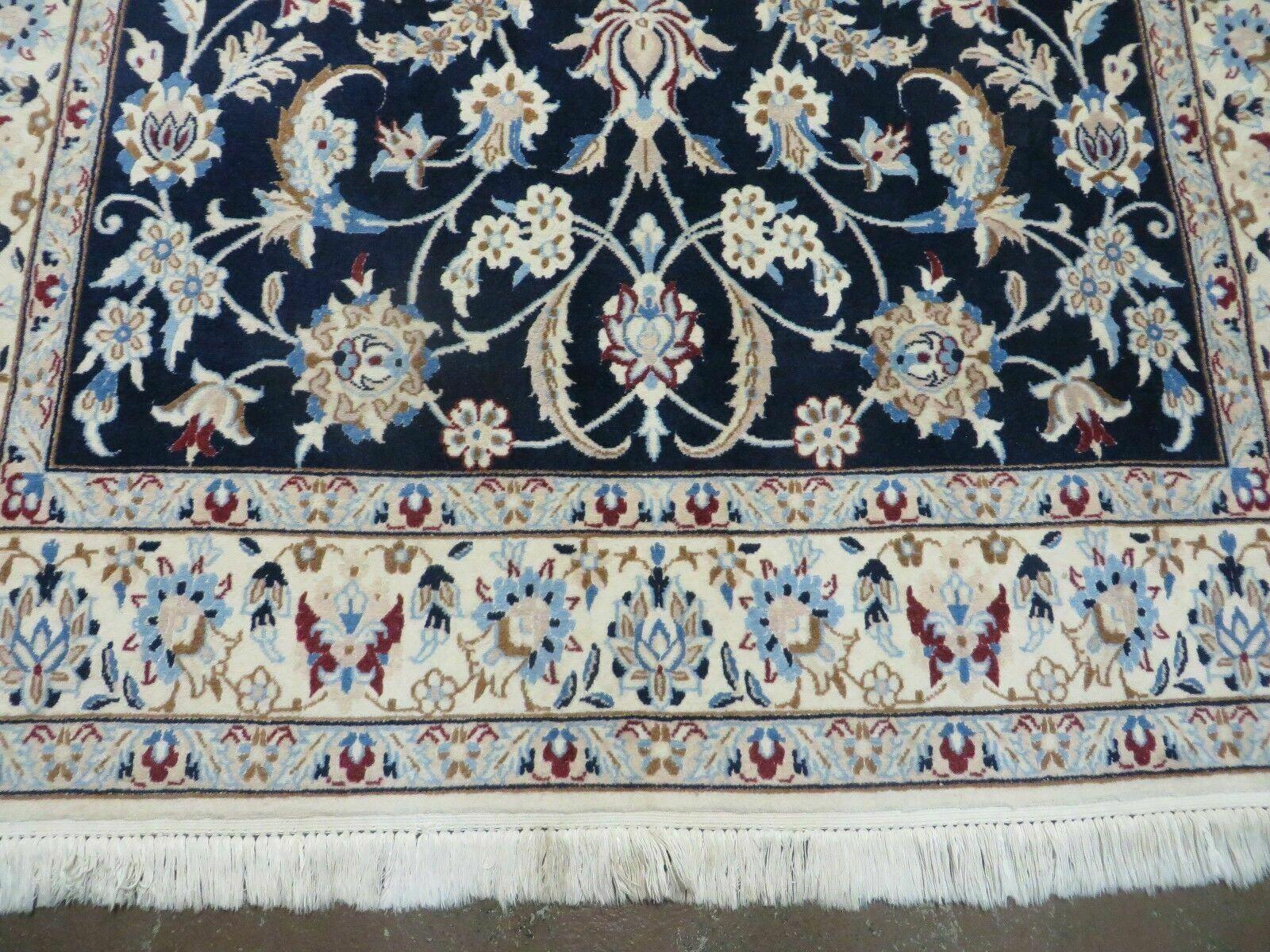 Persian Nain Rug 4x7, Navy Blue and Ivory, Handmade, Wool & Silk Highlights, Fine Oriental Rug, Vintage