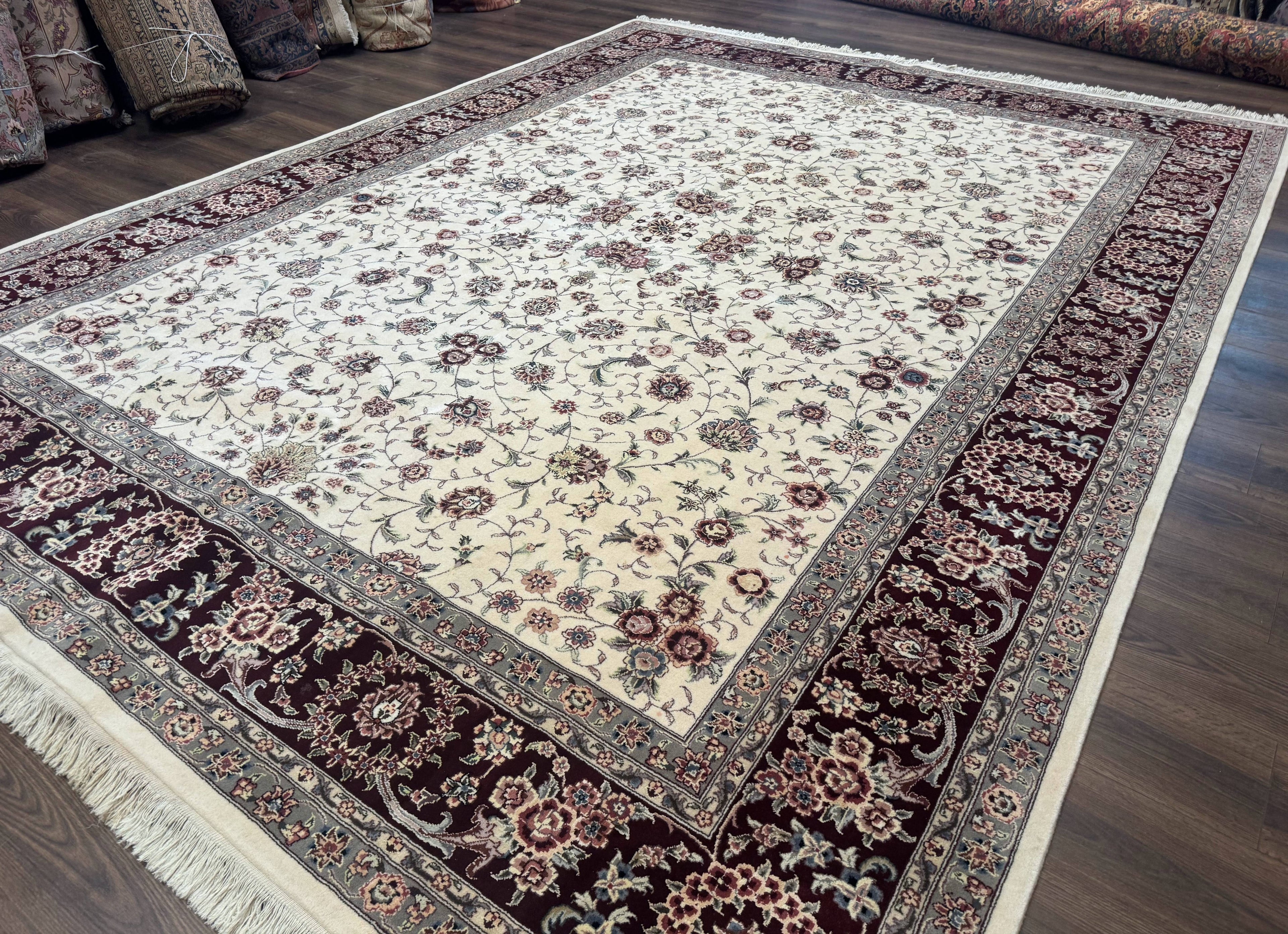 Sino Persian Rug 9x12, Floral Allover Design, 170 KPSI, Ivory and Dark Maroon
