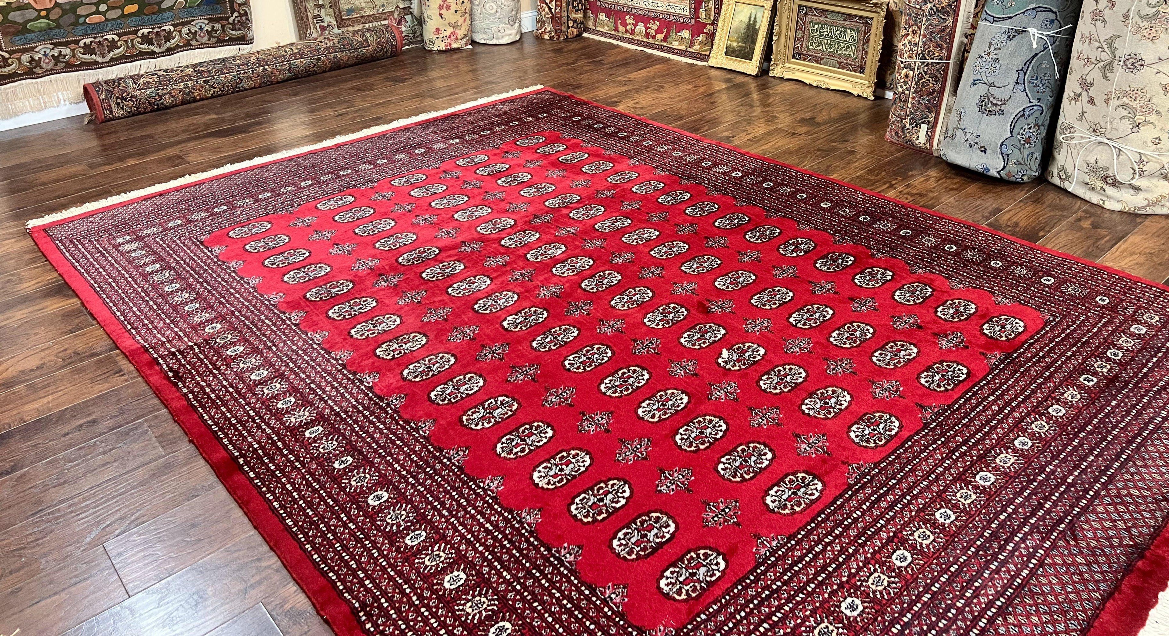 Turkoman Rug 8 x 11.6, Red Bokhara Pakistani Carpet, Wool Handmade Vintage Rug