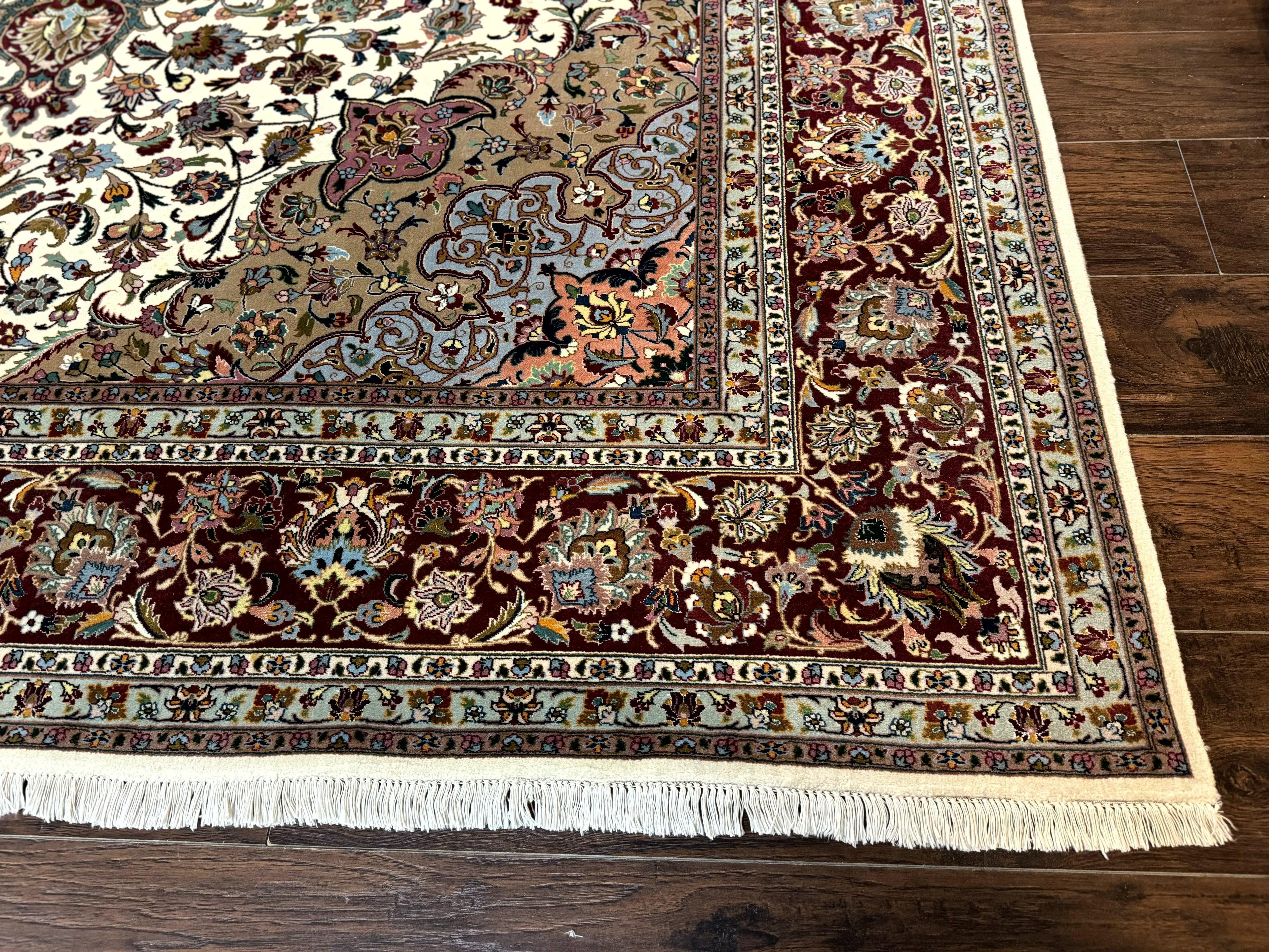 Persian Tabriz Rug 8x11, Floral Medallion Traditional Area Rug, Fine 300 KPSI, Ivory Maroon