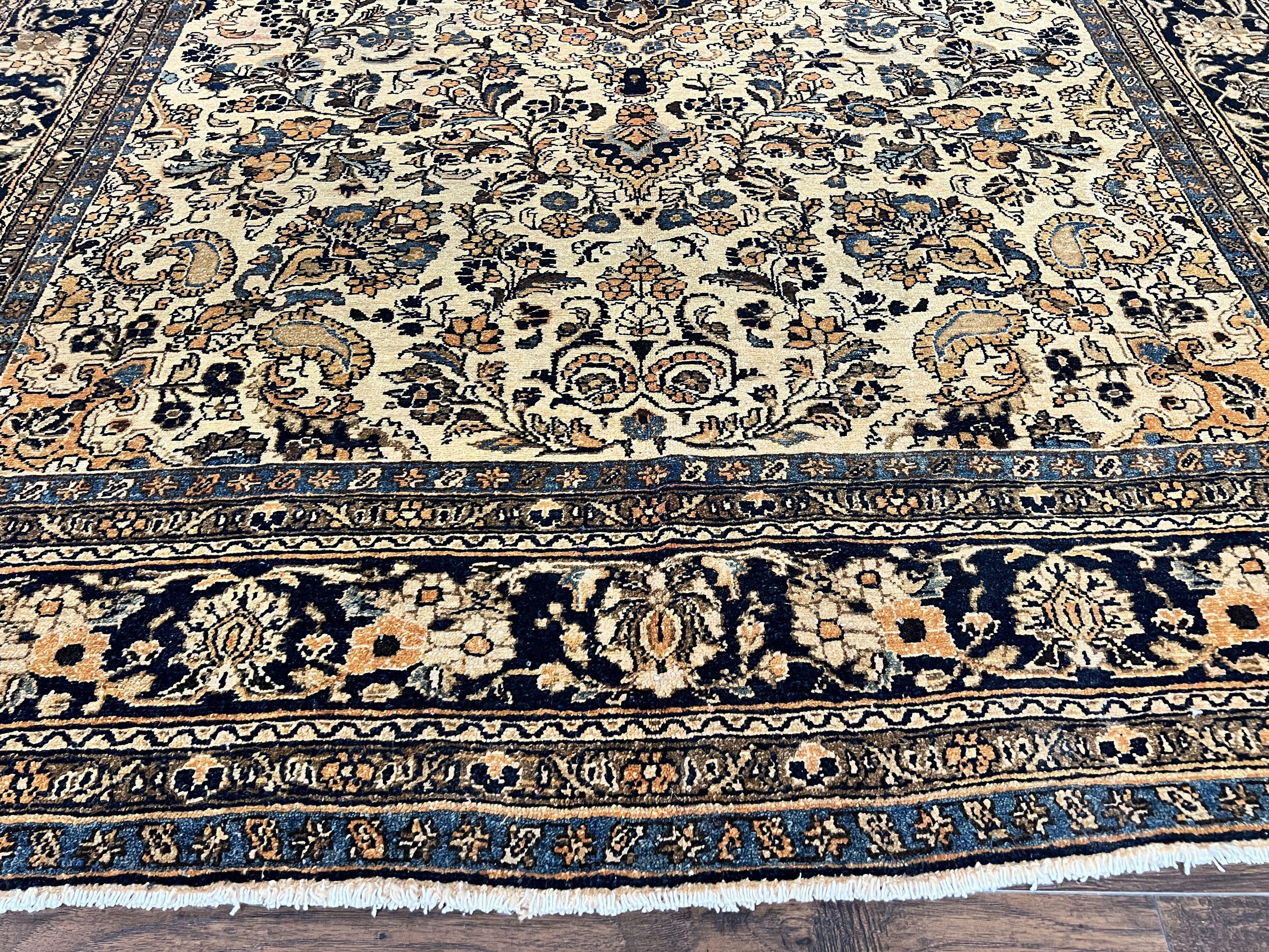 Antique Persian Rug 9x11, Wool Handmade 1920s Oriental Carpet, Persian Hamadan Anjelas Rug, Cream Black, Floral Allover Oriental Rug 9 x 11 Room Sized Rug