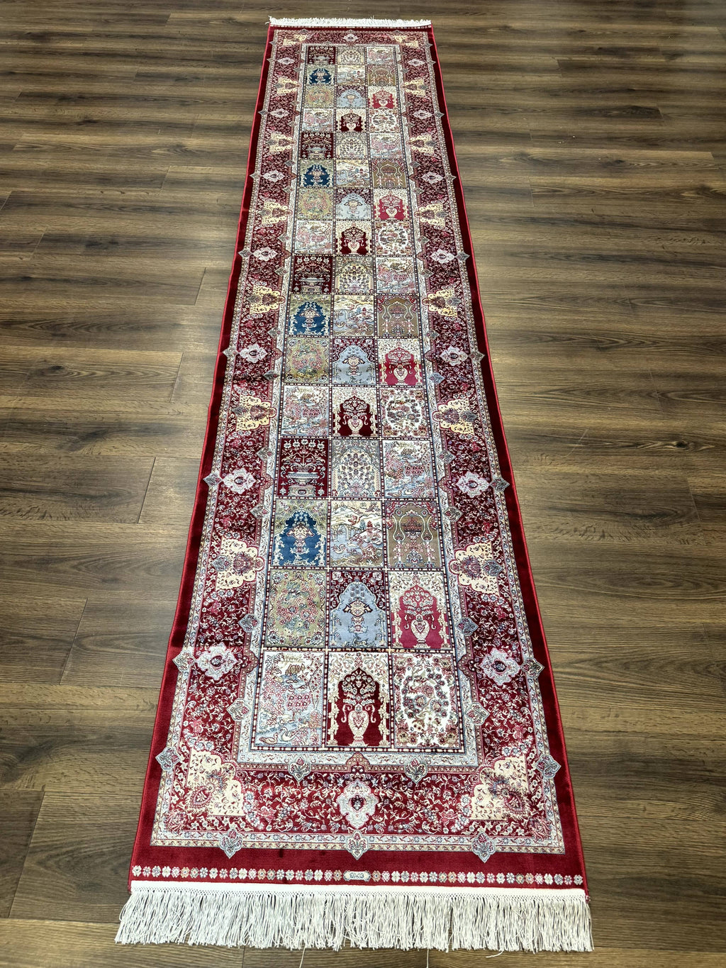 Turkish Silk Runner Rug 2.6 x 11.6, Panel Design, Dark Red Ivory, Bamboo Silk, New