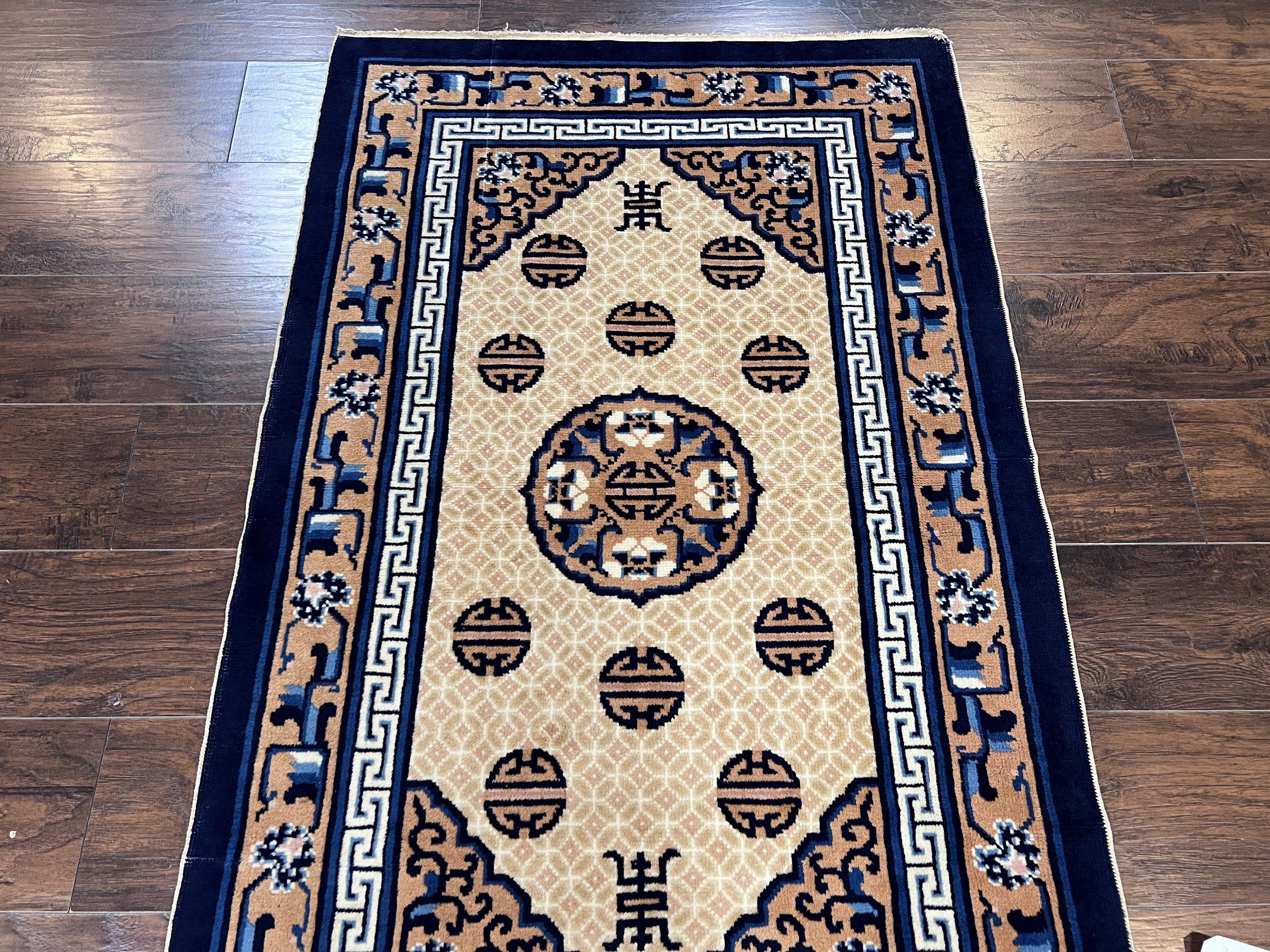 Chinese Peking Rug 3x5, Antique Chinese Art Deco Carpet, Blue Ivory Tan, Hand Knotted Wool Asian Oriental Rug 3 x 5 Vintage Small Peking Rug