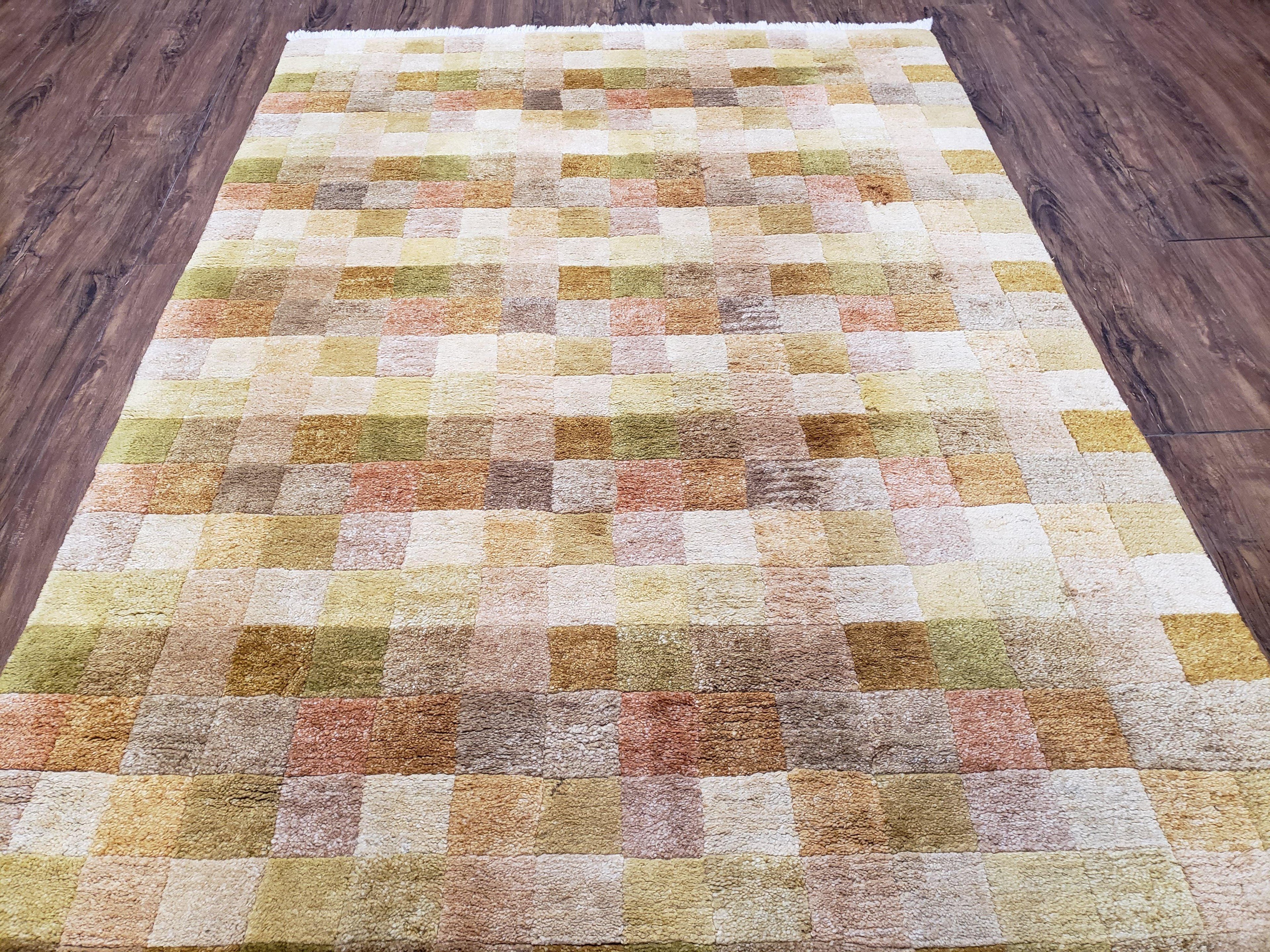 4x6 Tibetan Rug, Modern Abstract Handmade Area Rug, Checkerboard Pattern, Neutral Ivory Gold Tan Colors, Soft Pile, Mid Sized Rug, Nepali