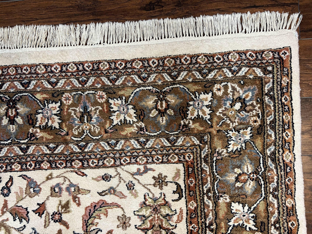 Indo Kirman Rug 8x12 Allover Floral Design, Ivory/Cream Brown, Vintage Handmade Hand Knotted Rug, Traditional Wool Persian Carpet 8 x 12
