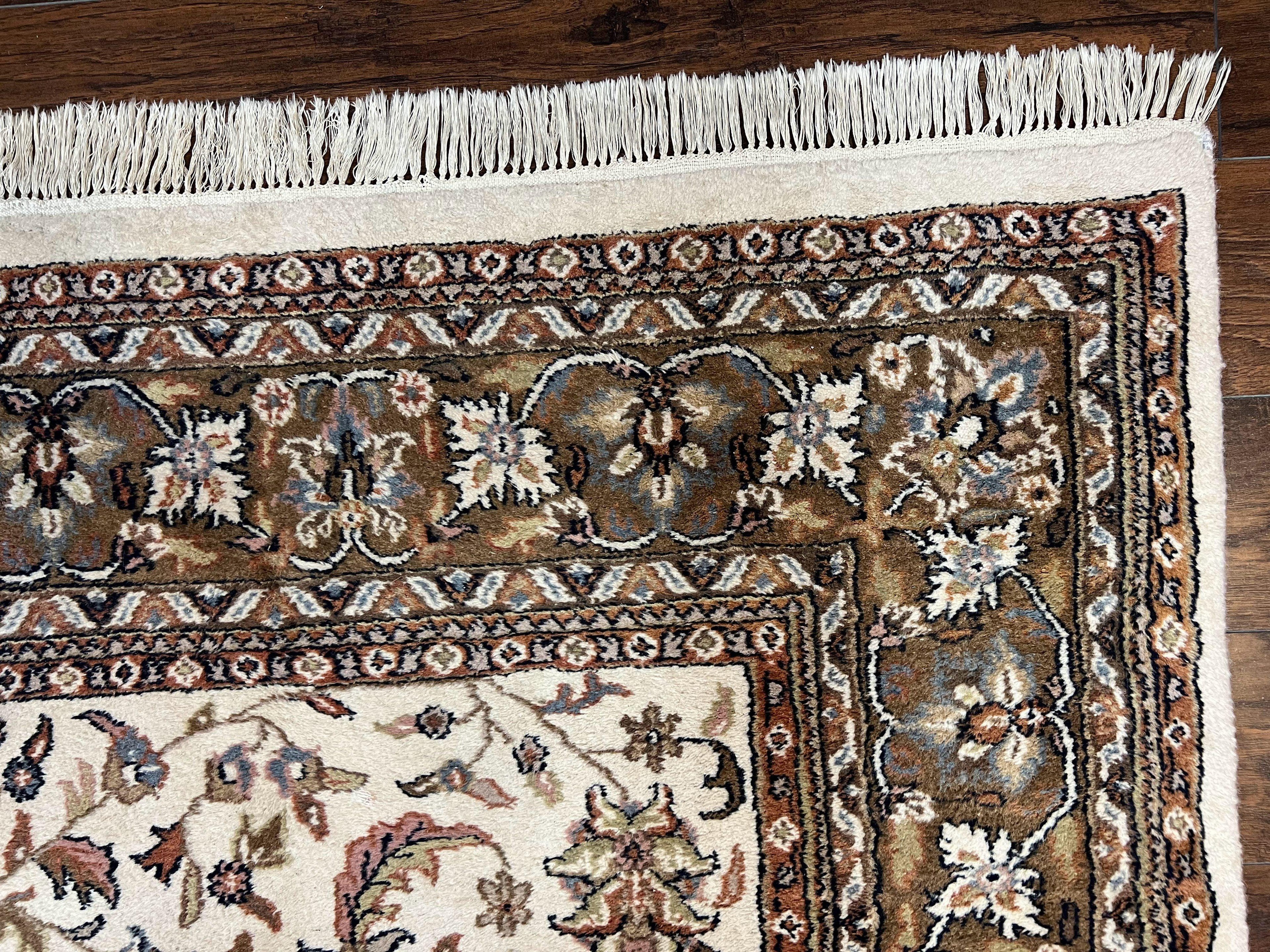 Indo Kirman Rug 8x12 Allover Floral Design, Ivory/Cream Brown, Vintage Handmade Hand Knotted Rug, Traditional Wool Persian Carpet 8 x 12