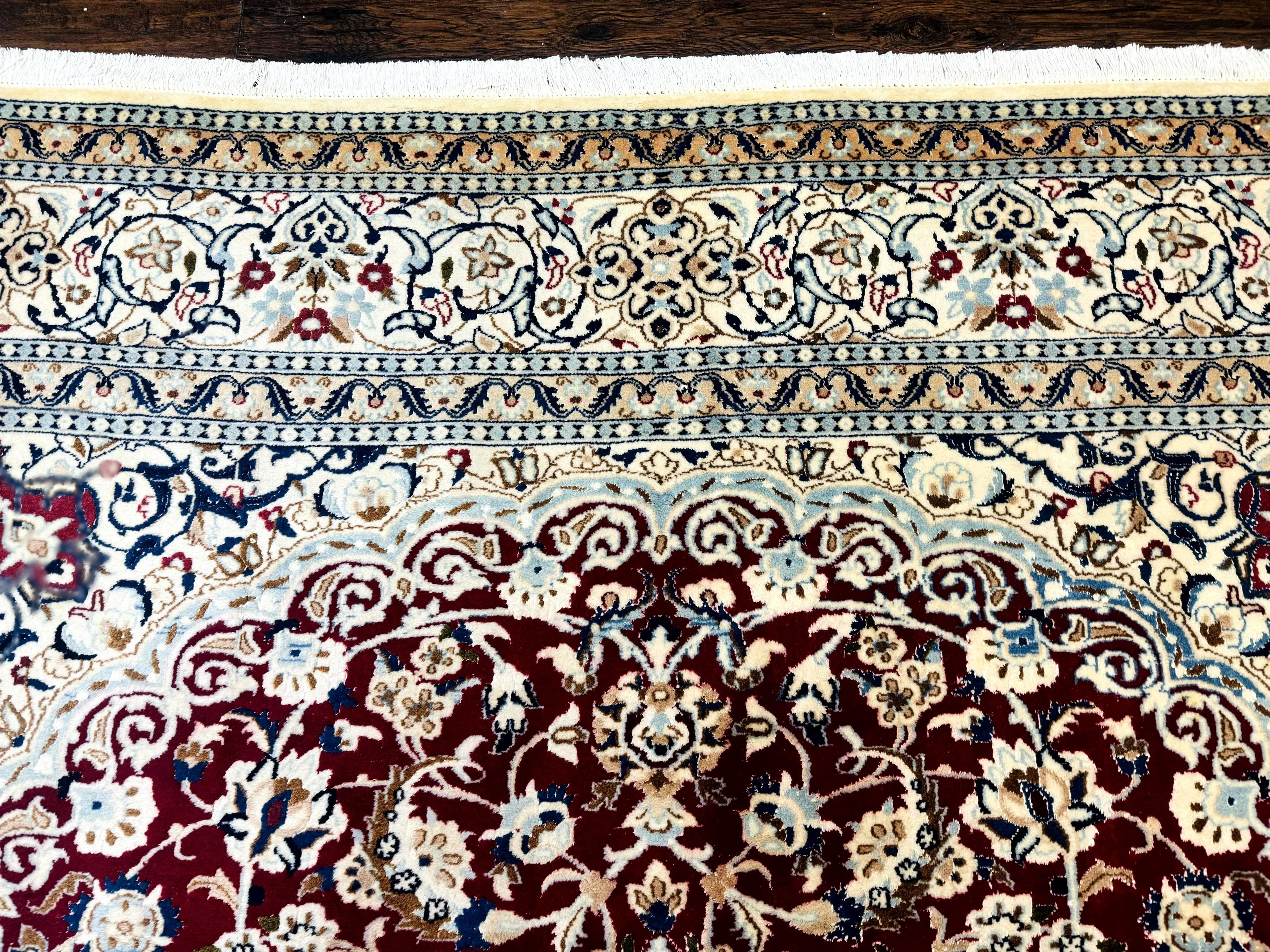 Persian Nain Rug 8x11, Wool and Silk Highlights, Burgundy & Ivory
