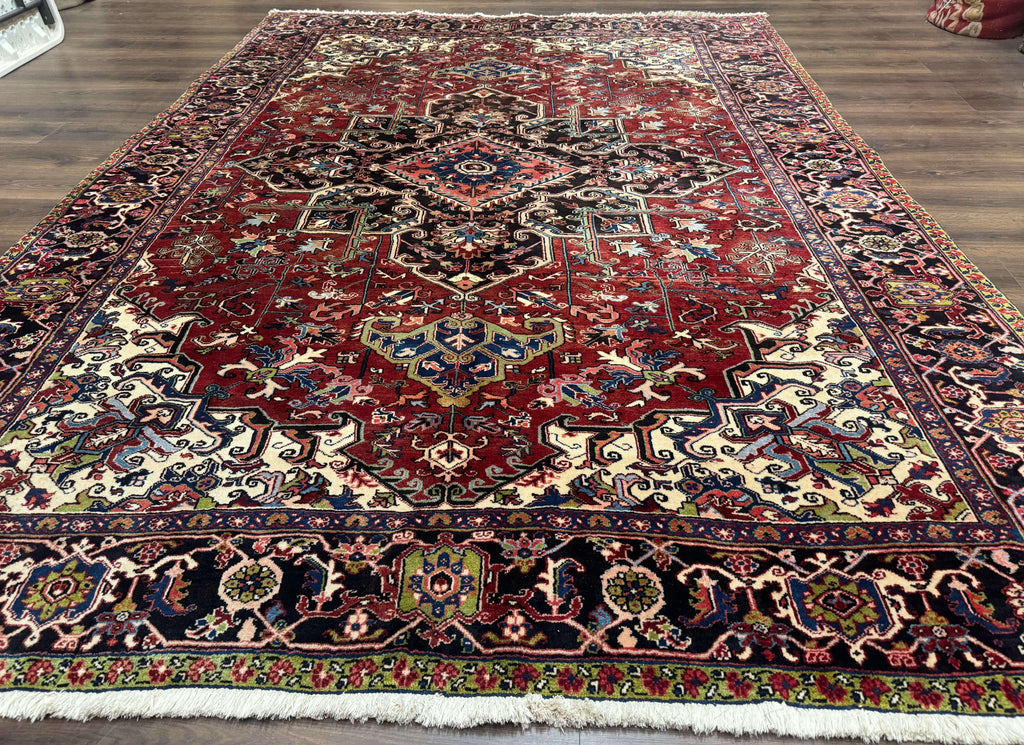 Antique Persian Heriz Rug 8x11, Geometric Tribal Wool Carpet, Brick Red