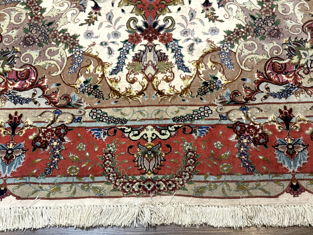 Wonderful Persian Tabriz Rug 5x7, Very Fine 440 KPSI, Ivory and Coral, Rare