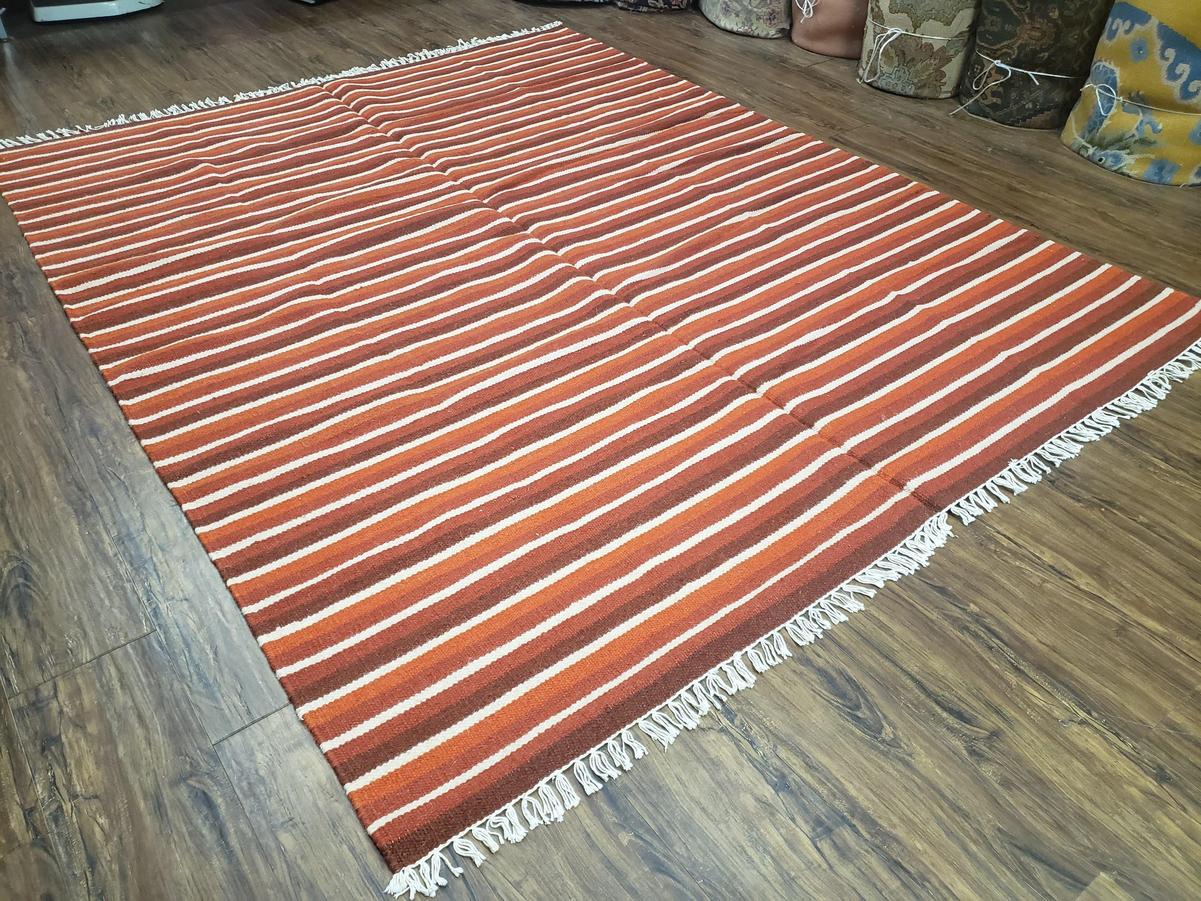 Large Striped Woolen Handmade Throw Blanket, Twin Size Bedding Hand-Woven, Indian Kilim Area Rug, 6x8 - 7x8, South American Style Textile