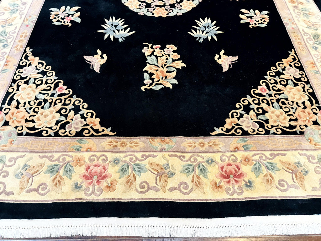 Chinese Wool Rug 9x12, Chinese Carving Carpet, Floral Medallion, Black and Beige, Butterflies, Vintage Asian Oriental Rug, 90 Line Rug