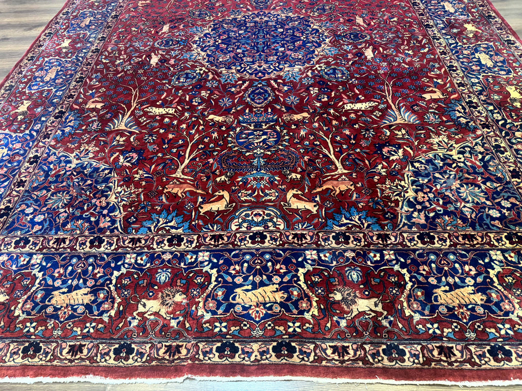 Antique Indo Persian Kerman Rug 9x12 Red Manchester Wool Animal Pictorials, Fine 290 KPSI