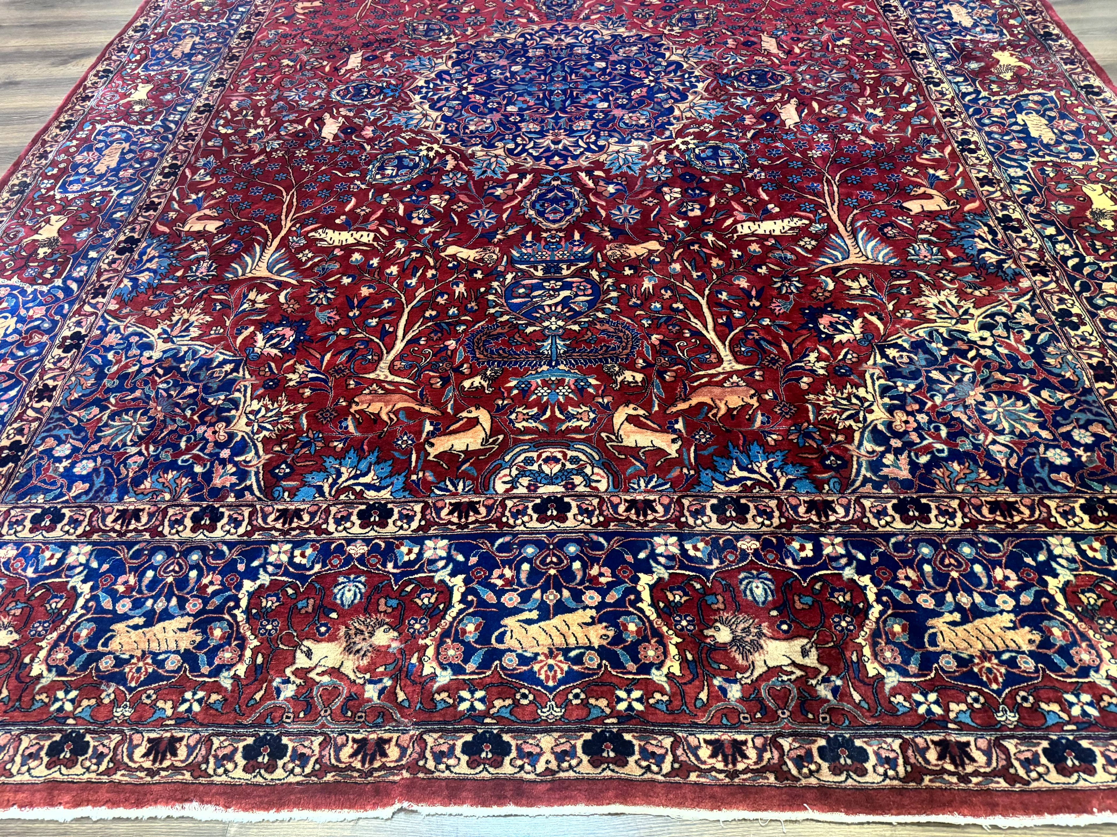 Antique Indo Persian Kerman Rug 9x12 Red Manchester Wool Animal Pictorials, Fine 290 KPSI