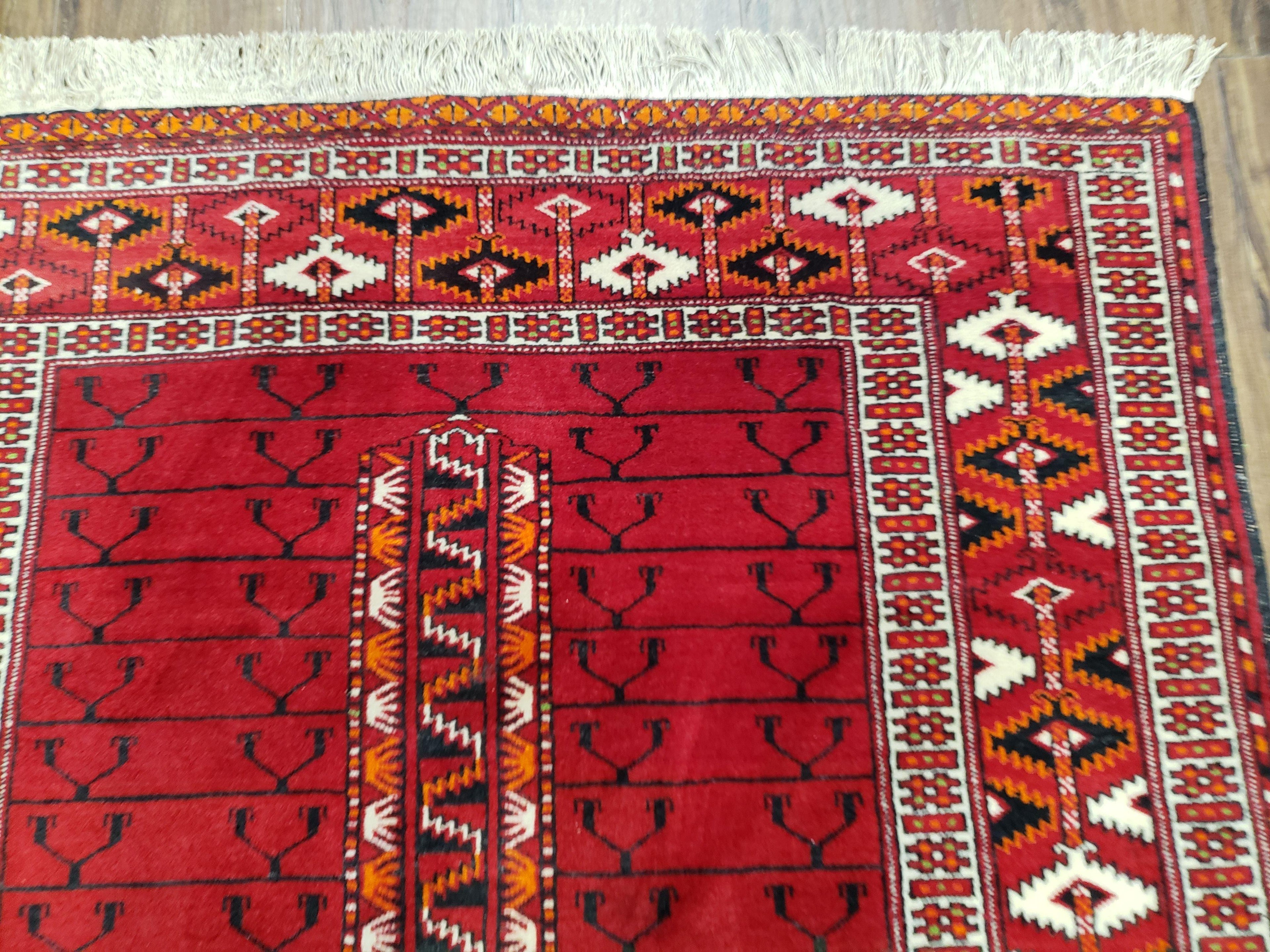 Antique Persian Turkoman Rug 4x5, Hatchli Tekkeh Ersari Red Tribal Rug, Handmade Wool Oriental Carpet, Four Seasons Rug