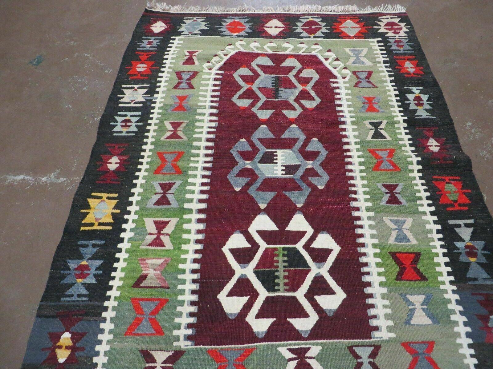 3' 8" X 5' Vintage Turkish Kilim Handmade Flat Weave Wool Rug Veg Dyes