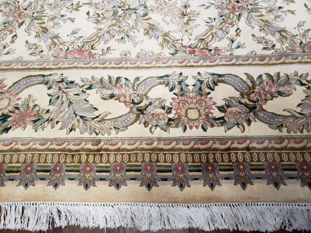 Pak Persian Floral Rug 11 x 12.6, Ivory, Very Fine, Hand Knotted
