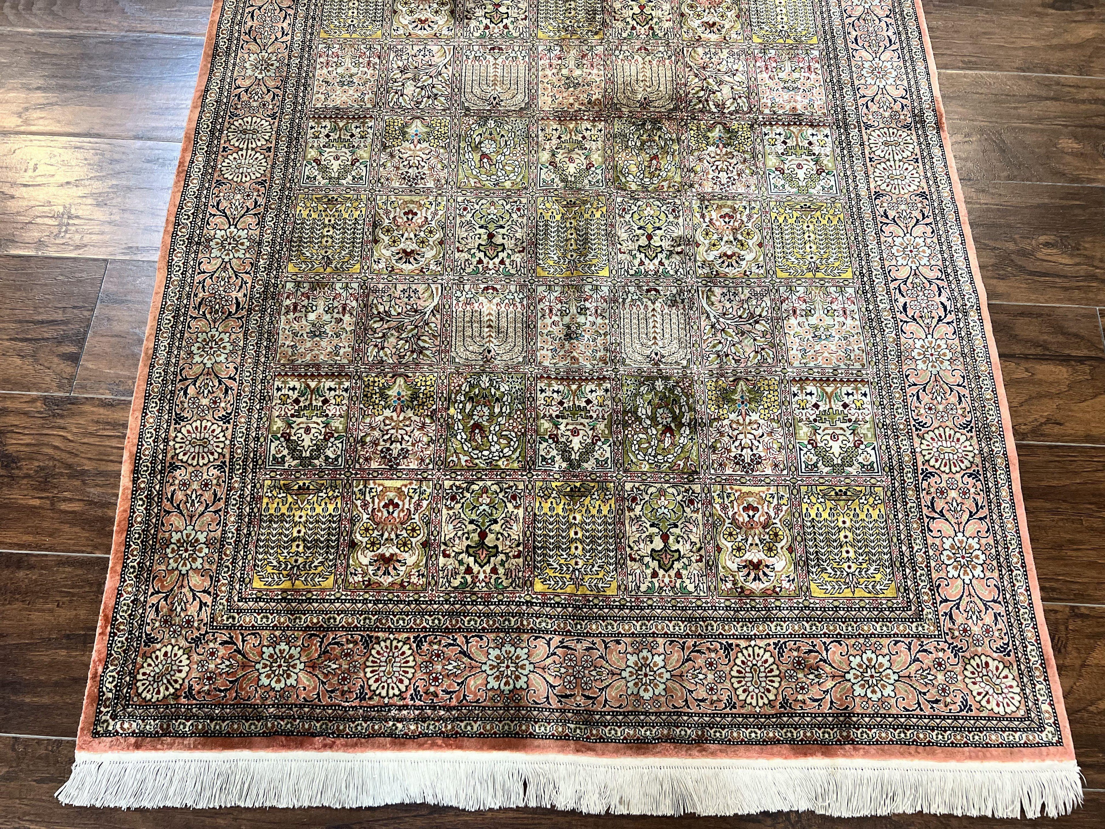 Magnificent Persian Silk Rug 3.7 x 5, Persian Qum Rug, Panel Design, Kheshti Garden, Extremely Fine 650 KPSI - 70 Raj, Hand Knotted, Vintage, Multicolor