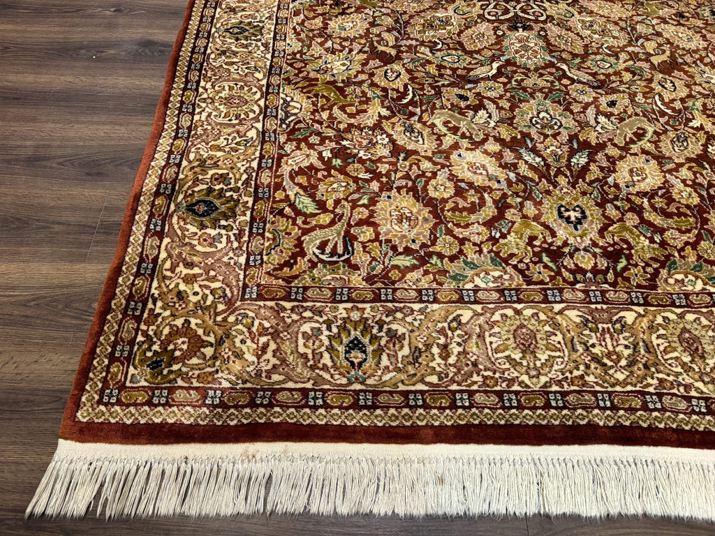 Tree of Life Indian Kashmiri Rug 6x9, Rust Red and Cream, Animal Pictorials, Fine 290 KPSI