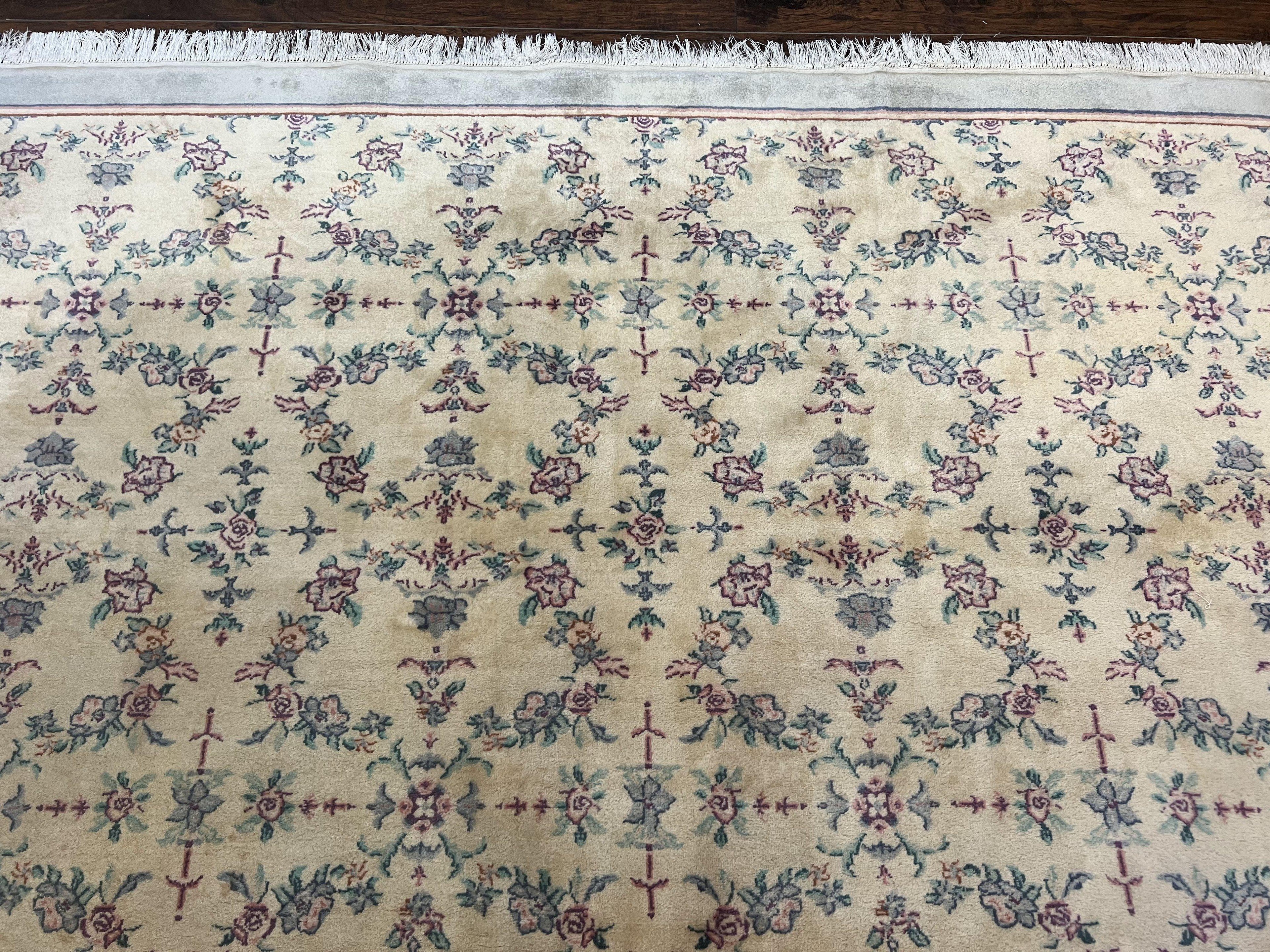 Sino Persian Rug 8x10, Floral, Oatmeal and Light Teal, Handmade Wool Vintage Carpet