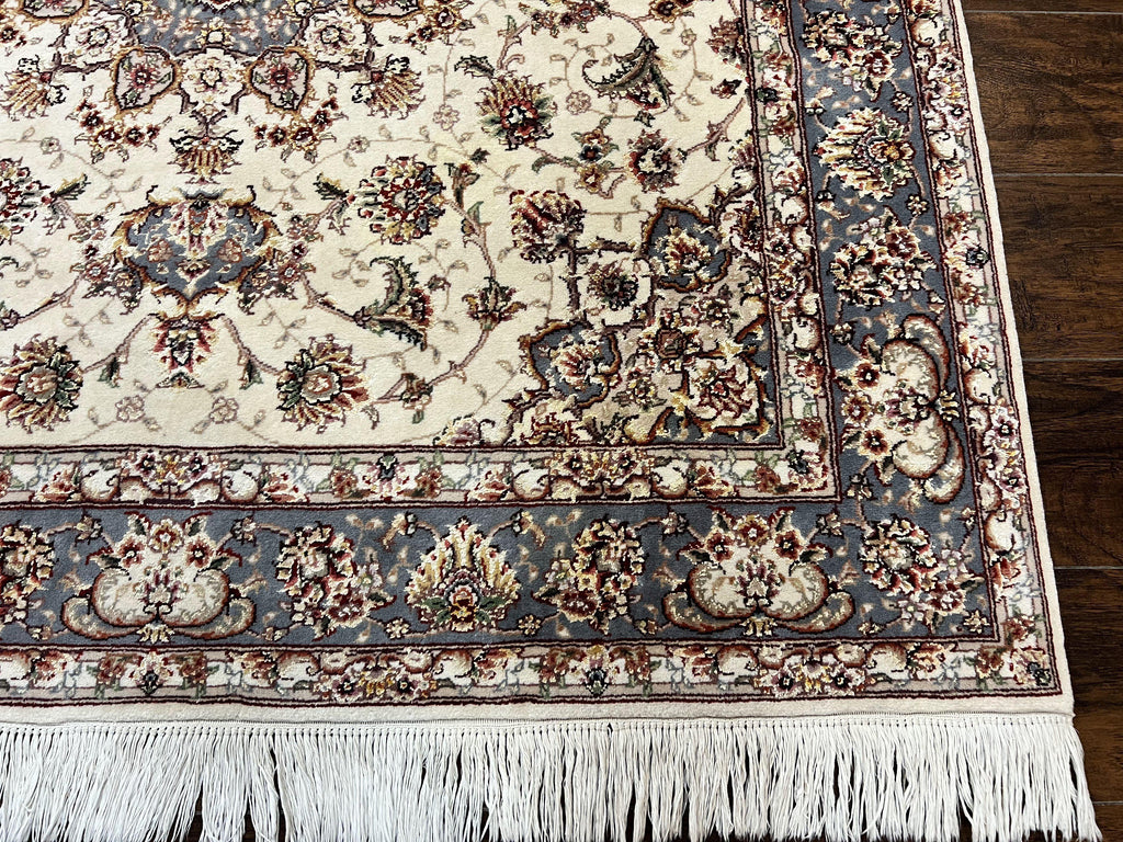 Sino Persian Square Rug 5x5, Very Fine Oriental Carpet, Wool & Silk Highlights, Ivory, Hand Knotted Handmade Vintage Traditional Rug