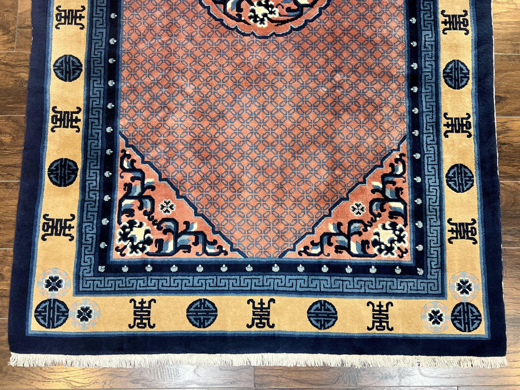 Chinese Peking Rug 5x8, Vintage Semi Antique Chinese Art Deco Carpet, Wool Pile Light Red/Salmon Gold Navy Blue, Handmade Asian Oriental Rug