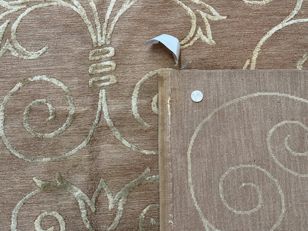 Tibetan Rug 9x12 Wool and Silk Beige Modern Handmade Carpet