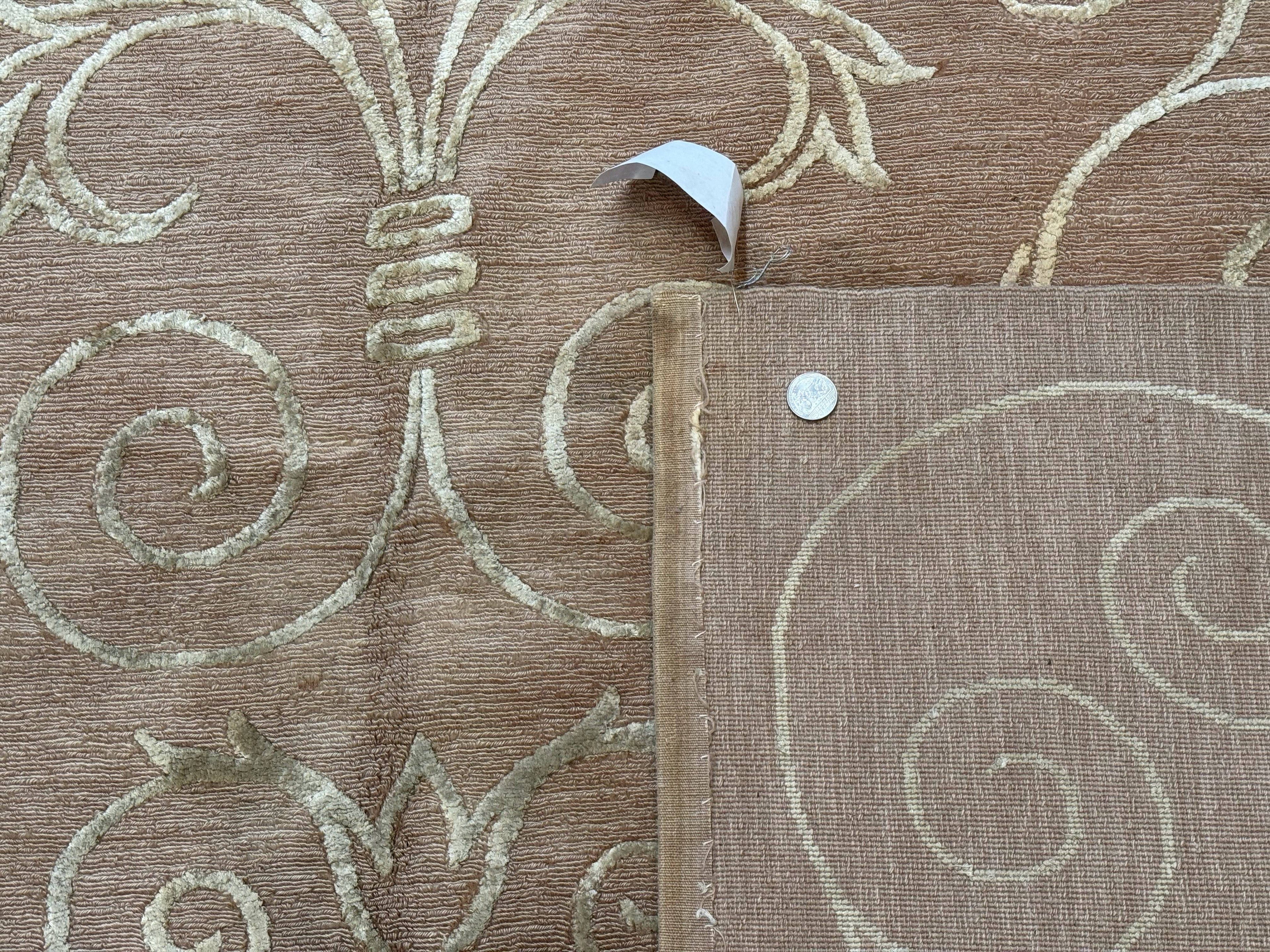 Tibetan Rug 9x12 Wool and Silk Beige Modern Handmade Carpet
