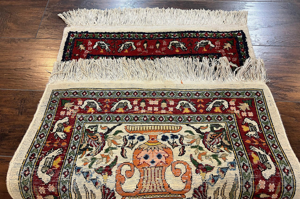 Small Indo Persian Rug 2x3 ft, Wool with Silk Highlights, Animal Pictorials, Birds