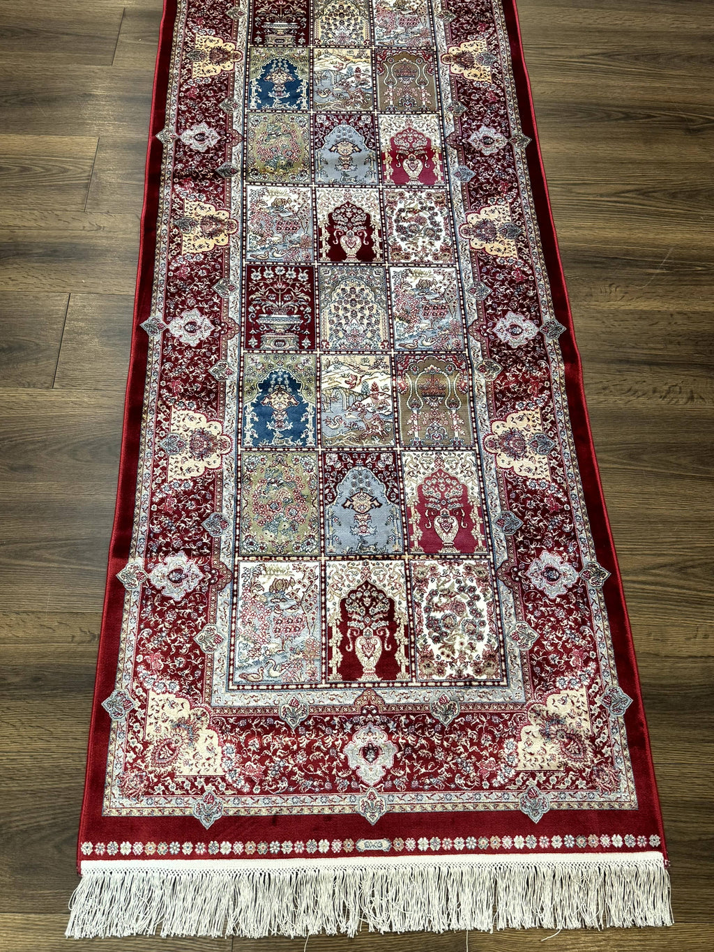 Turkish Silk Runner Rug 2.6 x 11.6, Panel Design, Dark Red Ivory, Bamboo Silk, New