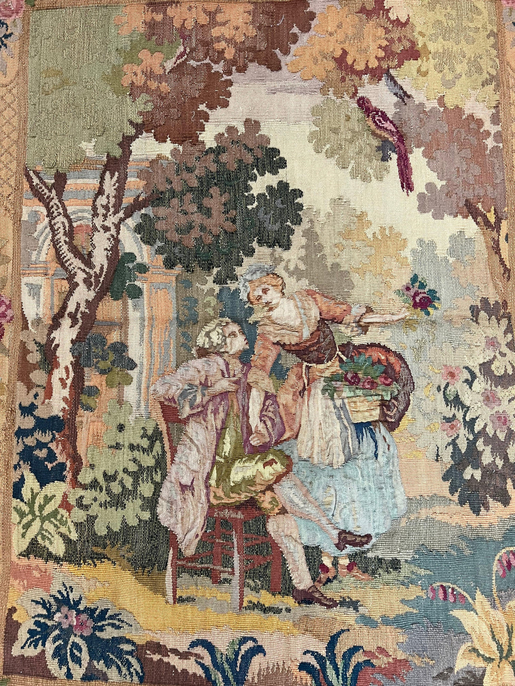 Antique Tapestry 3x4, European French Tapestry, Hand Loomed Victorian Tapestry, Vintage Wool Tapestry 3 x 4 ft