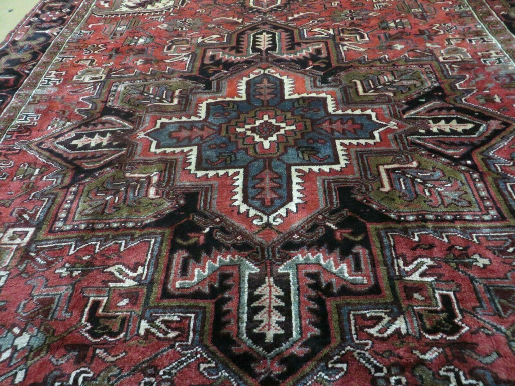 Persian Heriz Rug 8x12 Semi Antique Heriz Carpet, Room Sized Persian Carpet, Geometric Medallion, Wool, Hand Knotted, Red Ivory Dark Blue