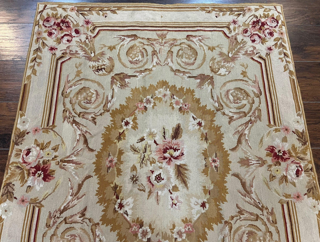 Aubusson Needlepoint Rug 4x5 ft, Beige and Tan, Aubusson Savonnerie Vintage Carpet, Handwoven Handmade Wool Rug, European Design Floral Rose