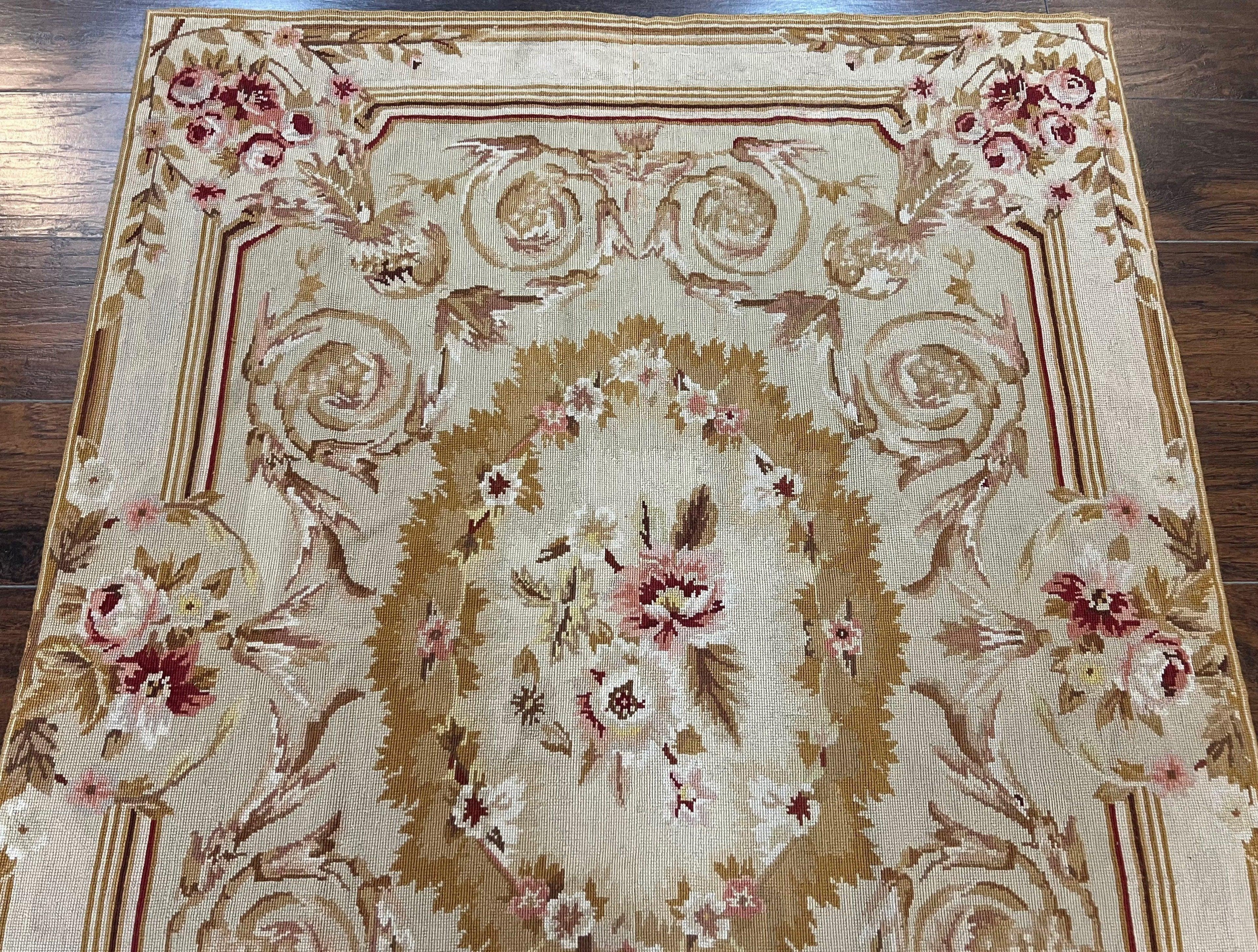 Aubusson Needlepoint Rug 4x5 ft, Beige and Tan, Aubusson Savonnerie Vintage Carpet, Handwoven Handmade Wool Rug, European Design Floral Rose