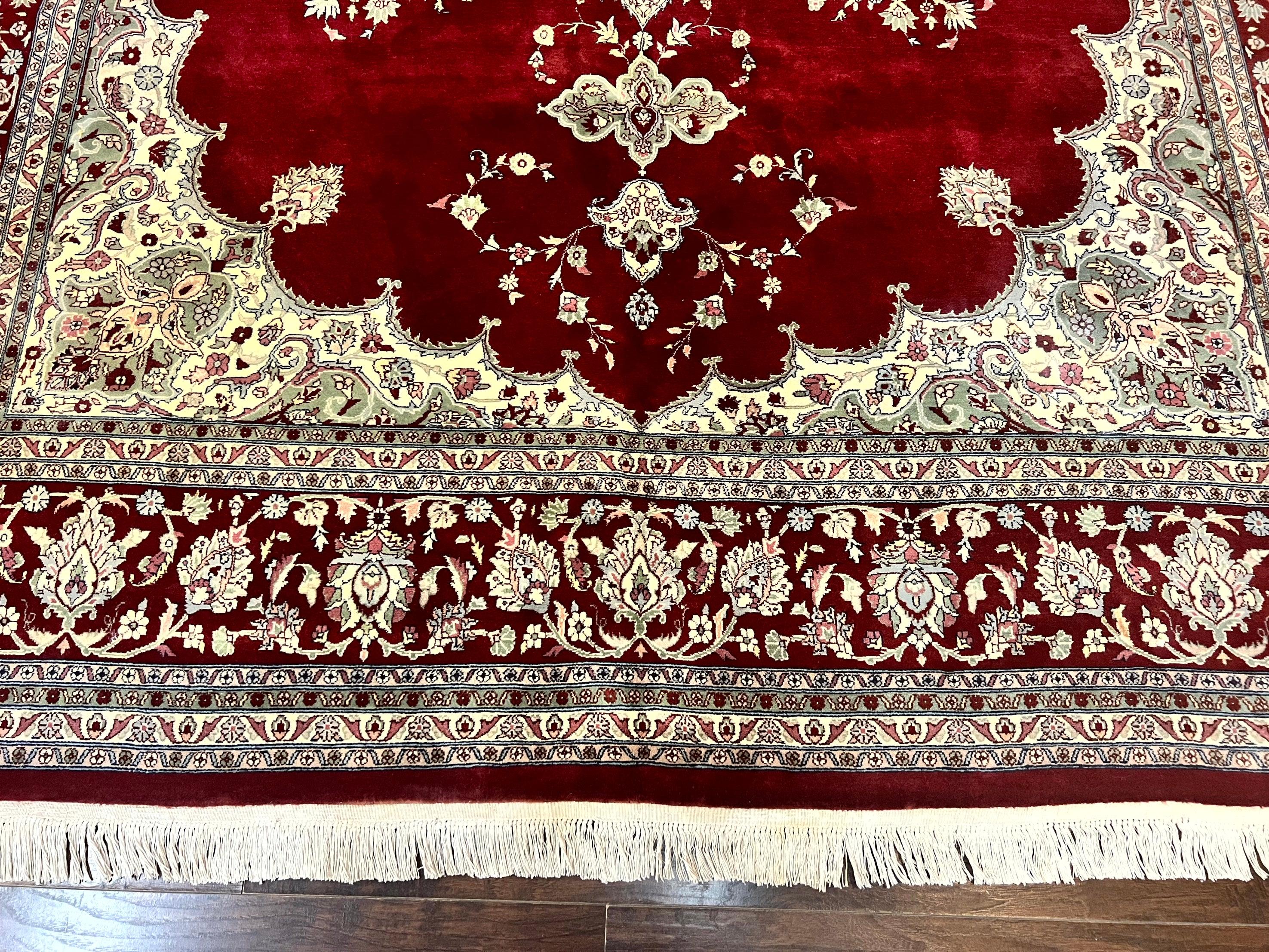Pak Persian Rug 9x12, Handmade Vintage Traditional Wool Carpet, Floral Medallion, Dark Red Ivory/Cream, Fine 250 KPSI