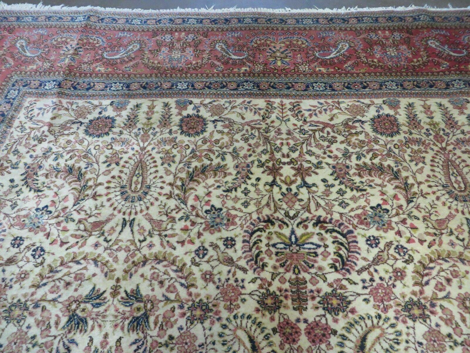 Persian Tabriz Rug 8x10, Bird Motifs Floral, Boteh Paisleys, Cream and Red, Handmade Wool Carpet