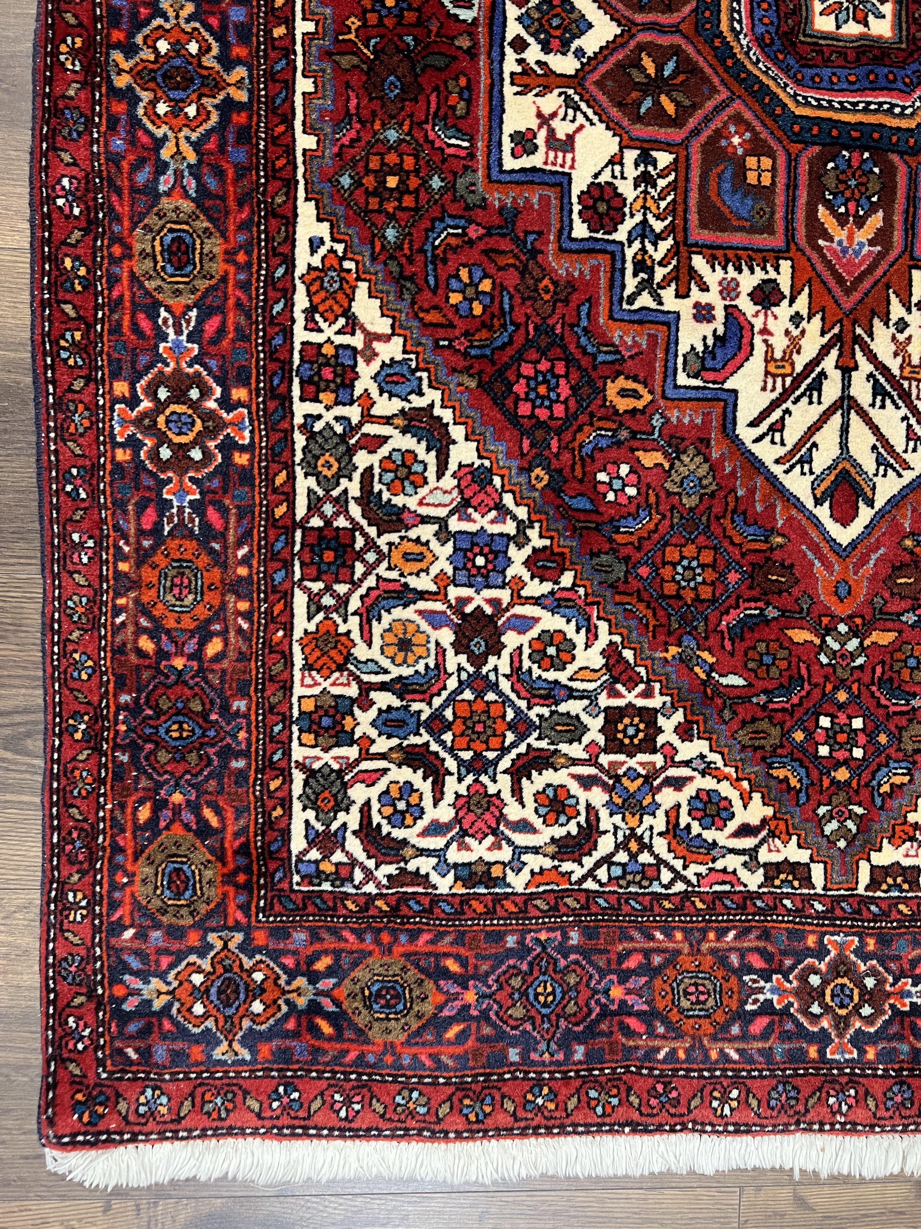 Fine Persian Bidjar Rug 3x5, Geometric Medallion Oriental Bijar Carpet 3 x 5 ft, Ruby Red and Cream, Hand Knotted Wool Rug, Semi Antique Tribal Rug, Nice