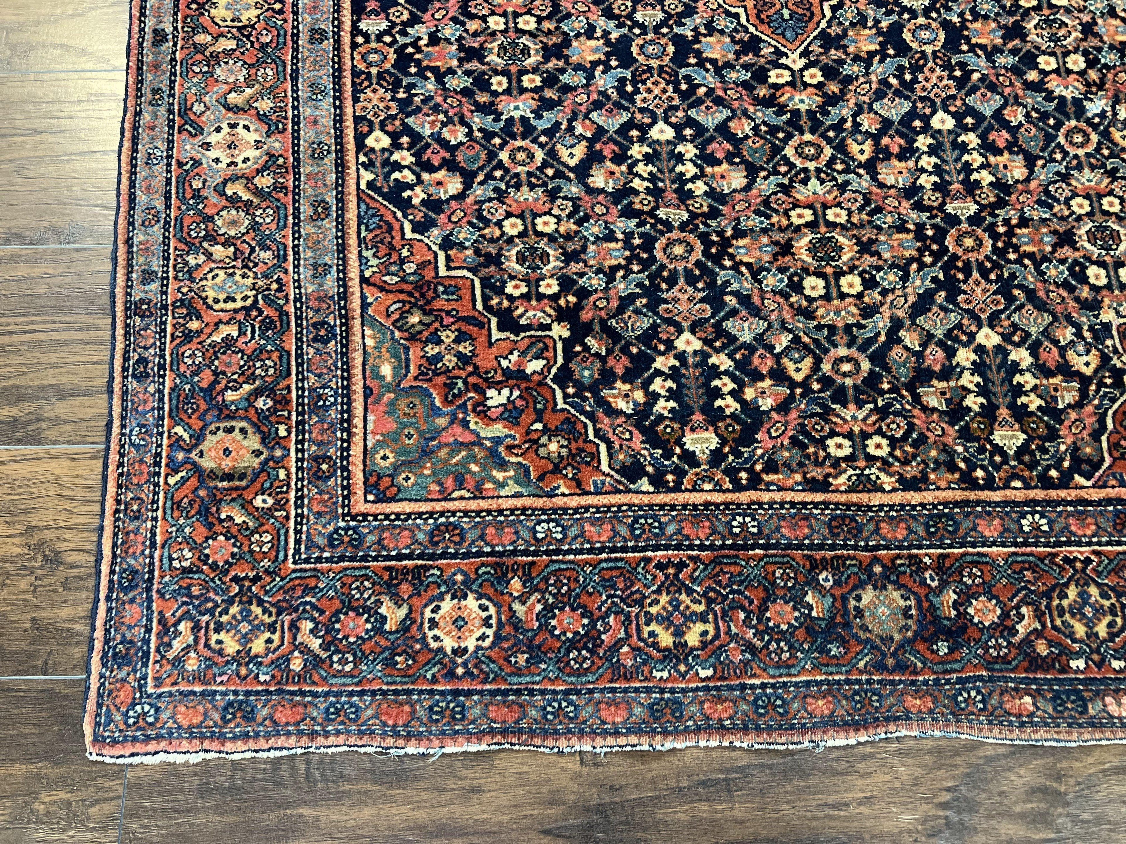 Persian Rug 4x7 Antique Sarouk Farahan Carpet, Navy Blue and Red Wool Rug