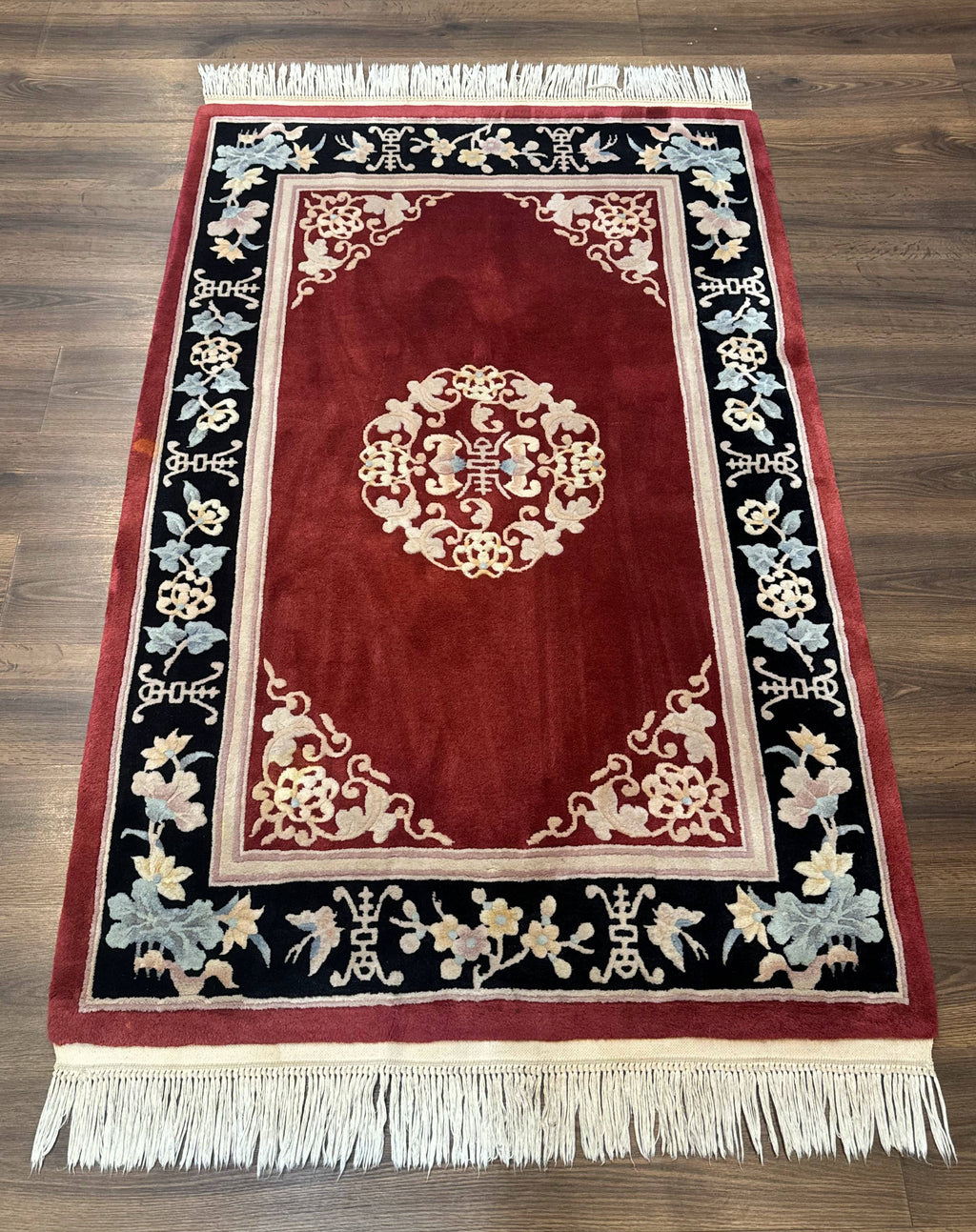 Chinese Wool Rug 4x6, Maroon and Black, Butterflies, Chinese Oriental Carpet, 90 Line Rug