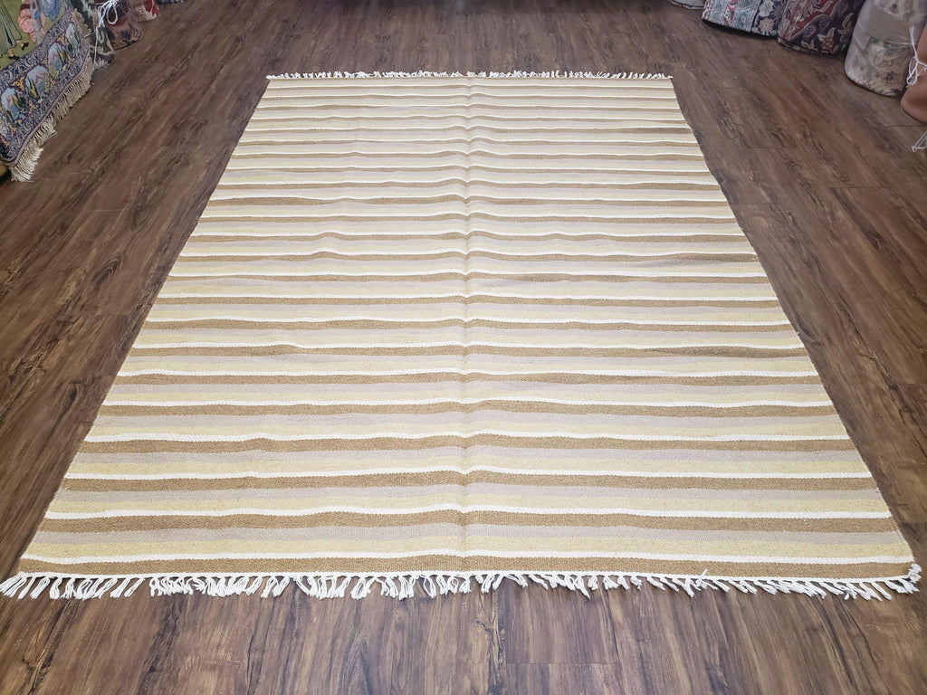 New Indian Striped Blanket, Multicolor Earthern Tones Kilim Rug, Wool Handmade South American Style Blanket, Queen Sized Bedspread 5x8 - 6x8