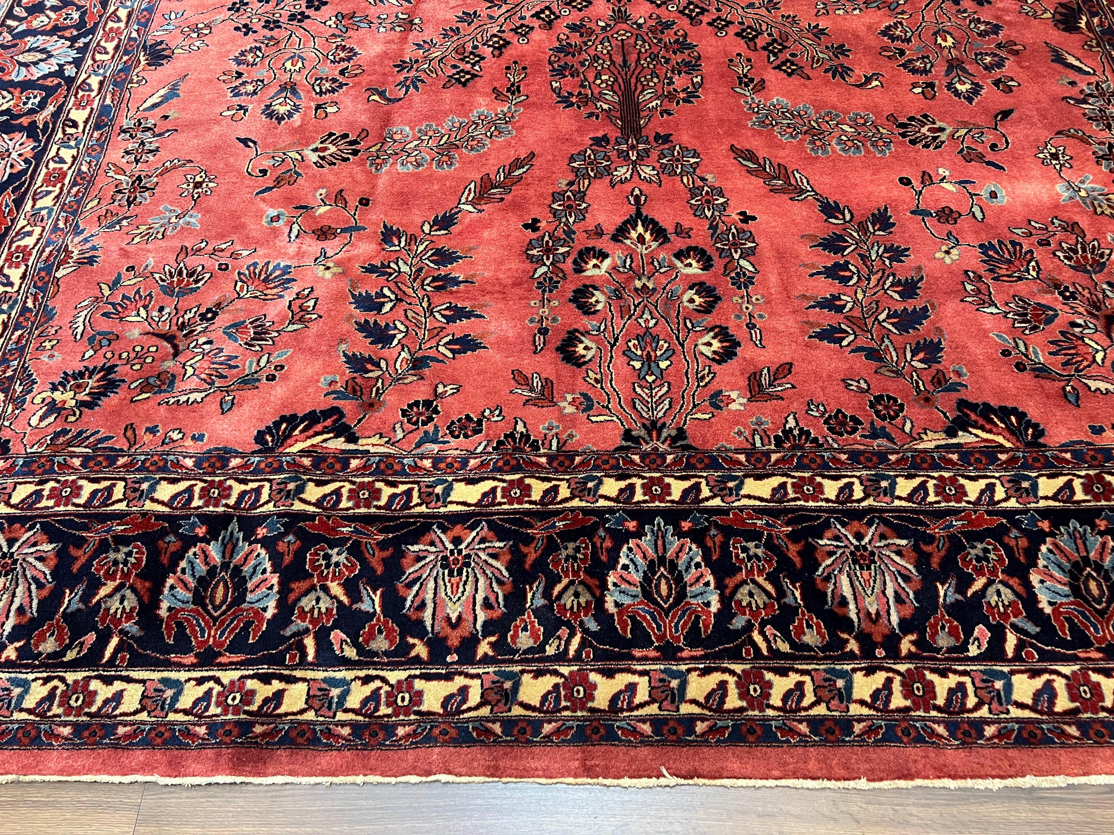 Indo Sarouk Rug 10x14, Vintage Indian Persian Area Rug 10 x 14, Wool Hand-Knotted Oriental Carpet, Red Floral Allover Large Rug, Beautiful