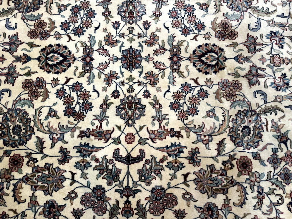 Indo Persian Rug 9x12, Allover Floral Pattern, Ivory & Green, Traditional Oriental Carpet