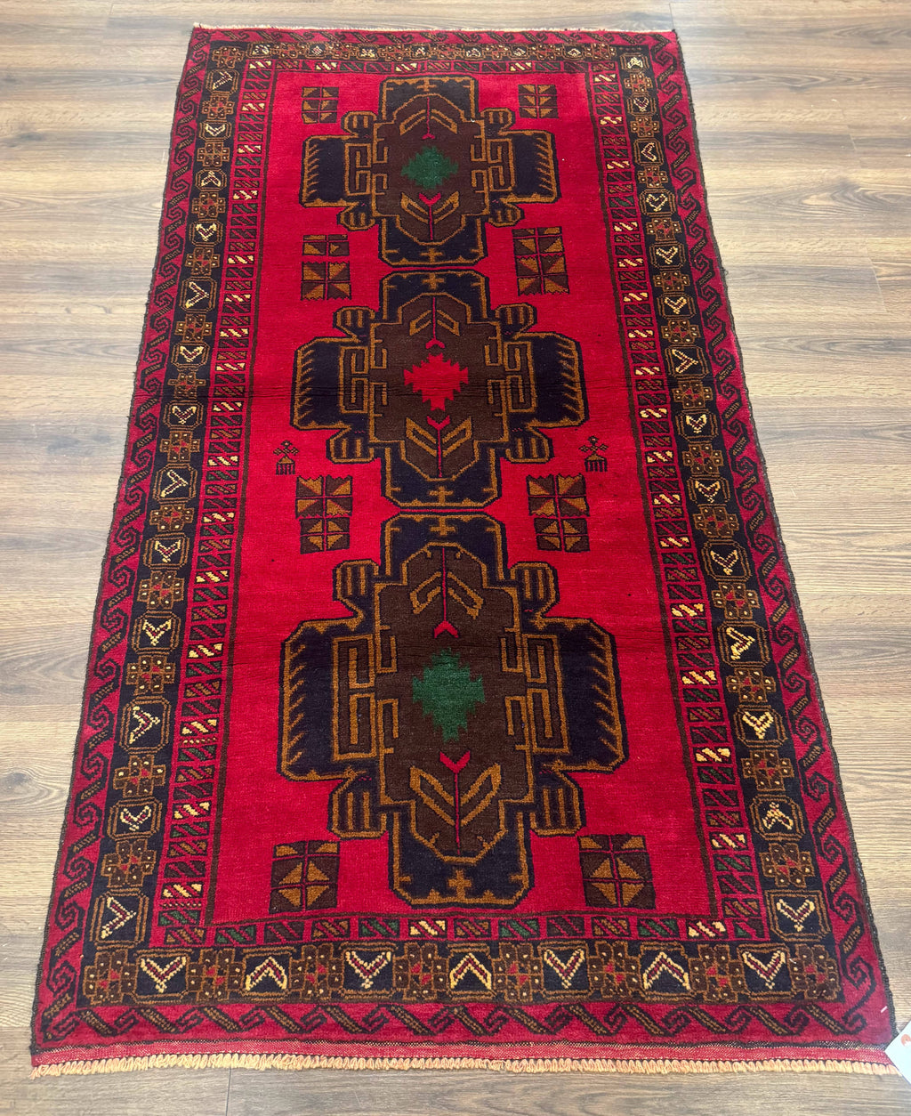 Red Afghan Balouch Rug 4x7, Triple Medallions, Handmade, New