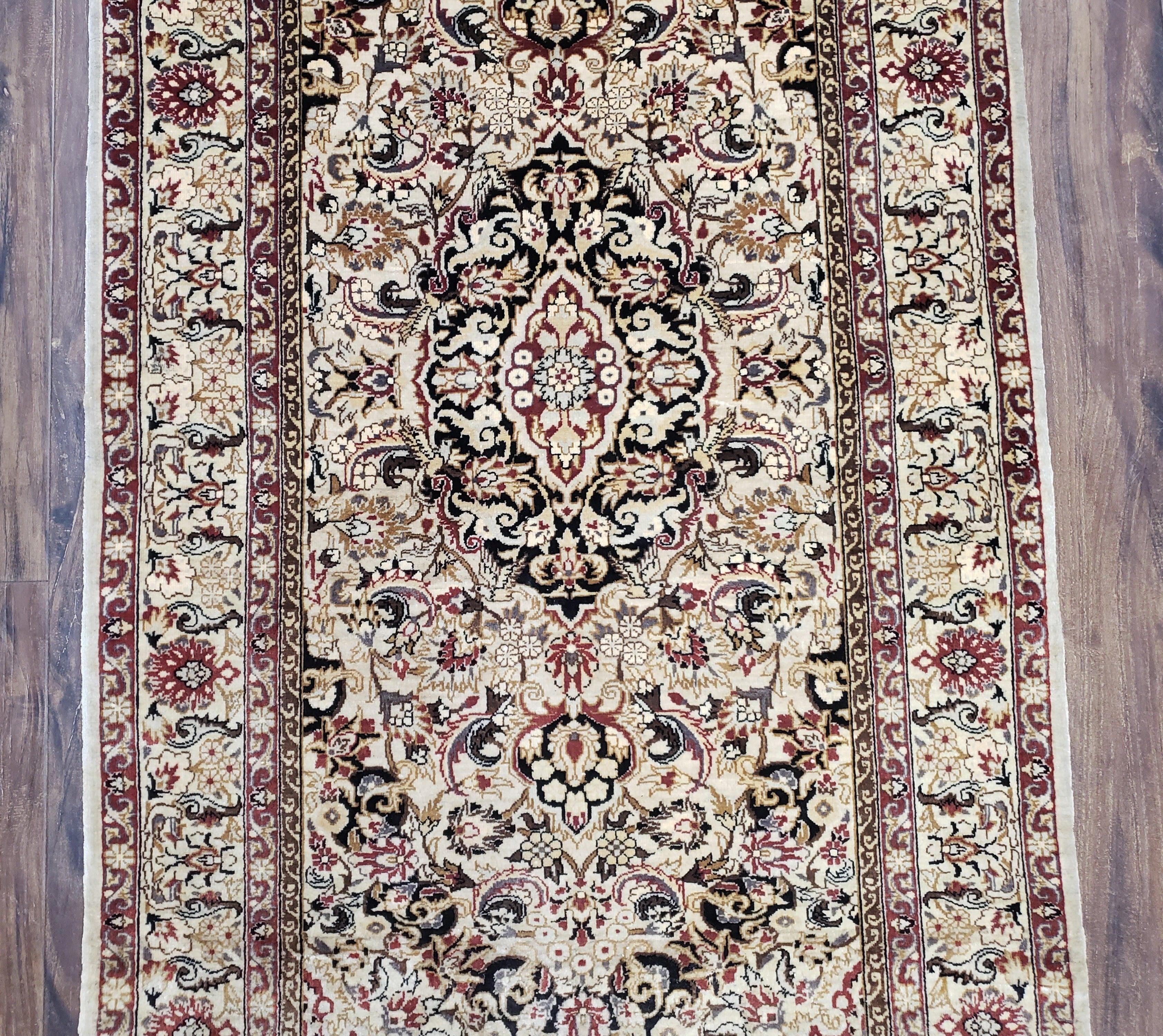 Silk Oriental Rug 1' 7" x 3', Very Fine Silk Carpet, Small Silk Rug, Traditional Floral Medallion, Hand-Knotted Cream Beige Vintage Silk Rug