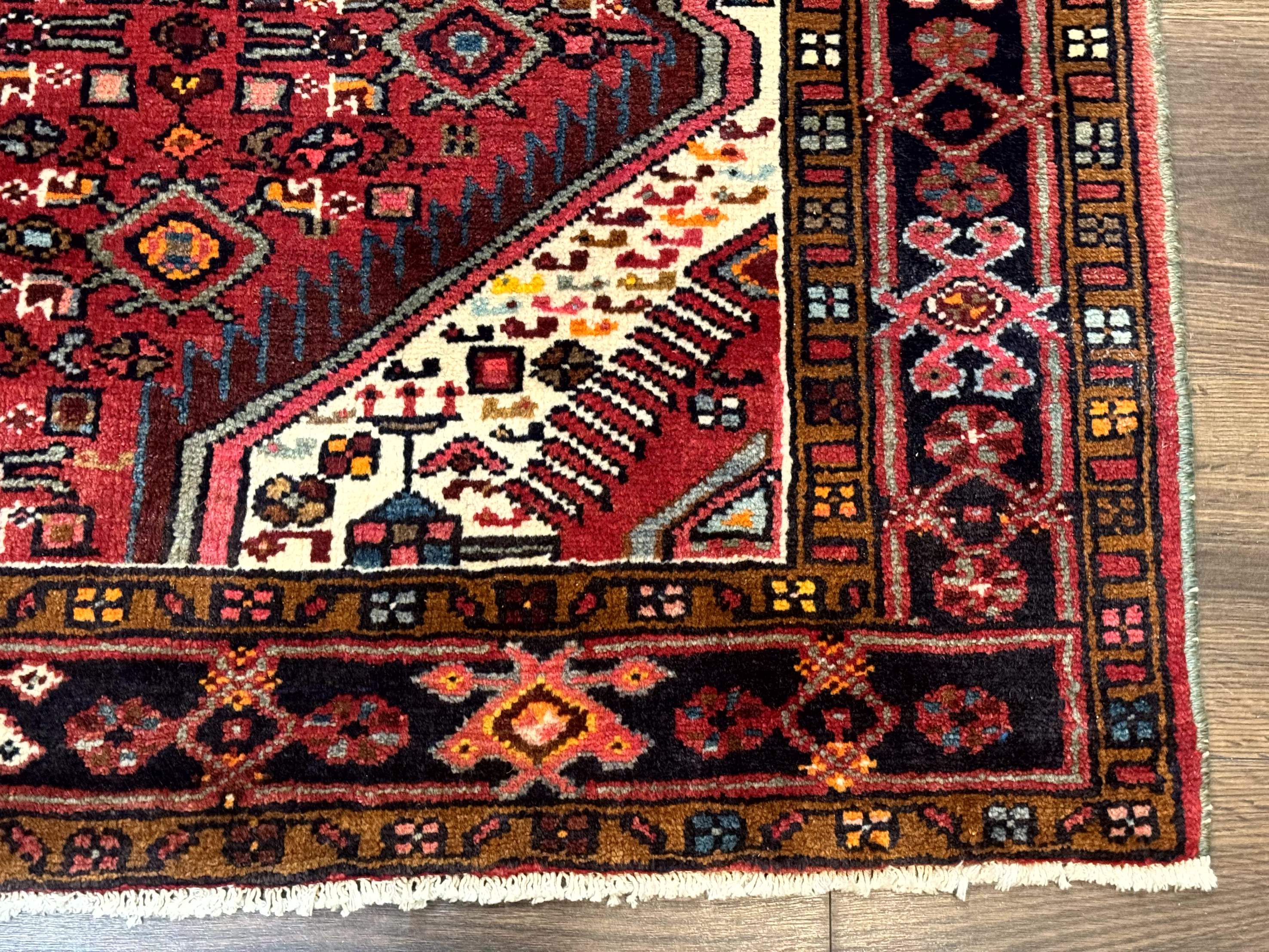 Persian Hamadan Rug 4x7, Tribal Village Malayer Carpet, Red and Ivory, Bohemian Antique