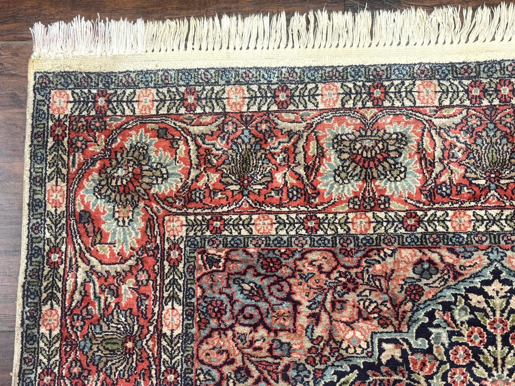 Silk Indian Kashmiri Rug 4x6, Tree of Life Pattern, Birds, Fine 290 KPSI, Navy Blue and Red, Handmade Oriental Carpet