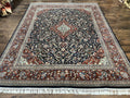 Indo Persian Rug 8x10, Floral Medallion, Vintage Handmade Wool Carpet, Navy Blue and Red, Fine 300 KPSI