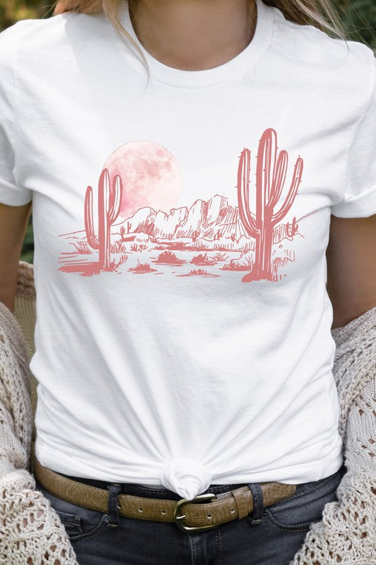 Pink Moon Night Desert Scene Cacti Graphic Tee T-Shirt